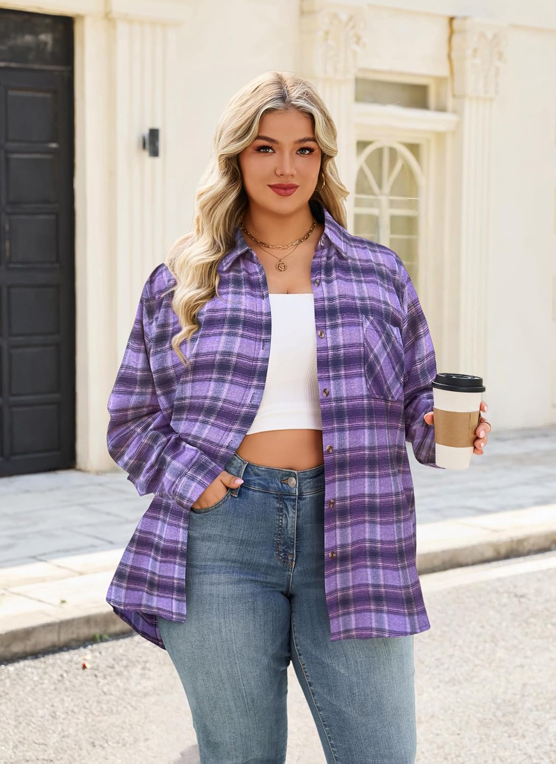 Womens Plaid Shirts Plus Size Soft Long Sleeve Button Down Flannel Shirt Roll Up Oversize Checkered Blouse Top - Image 2
