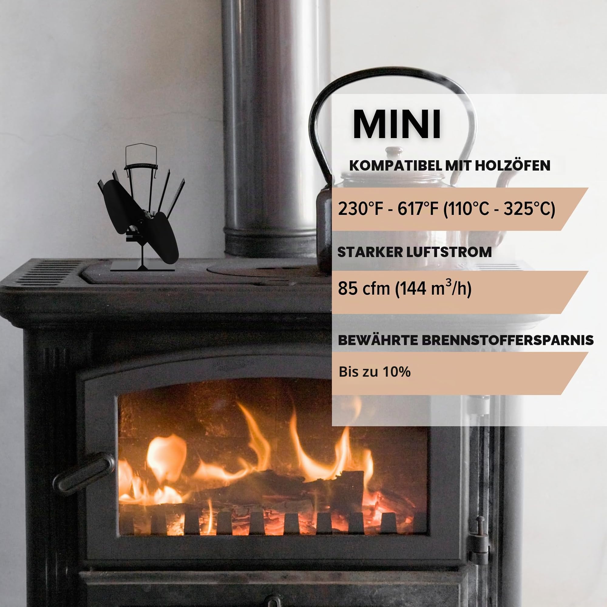 Ecofan Mini Ofenventilator – Kompaktes Klassik-Design – 85 CFM – Ideal für Holzöfen – Wärmebetriebener Ventilator zur Effizienten Luftzirkulation & Brennstoffeinsparung, Black