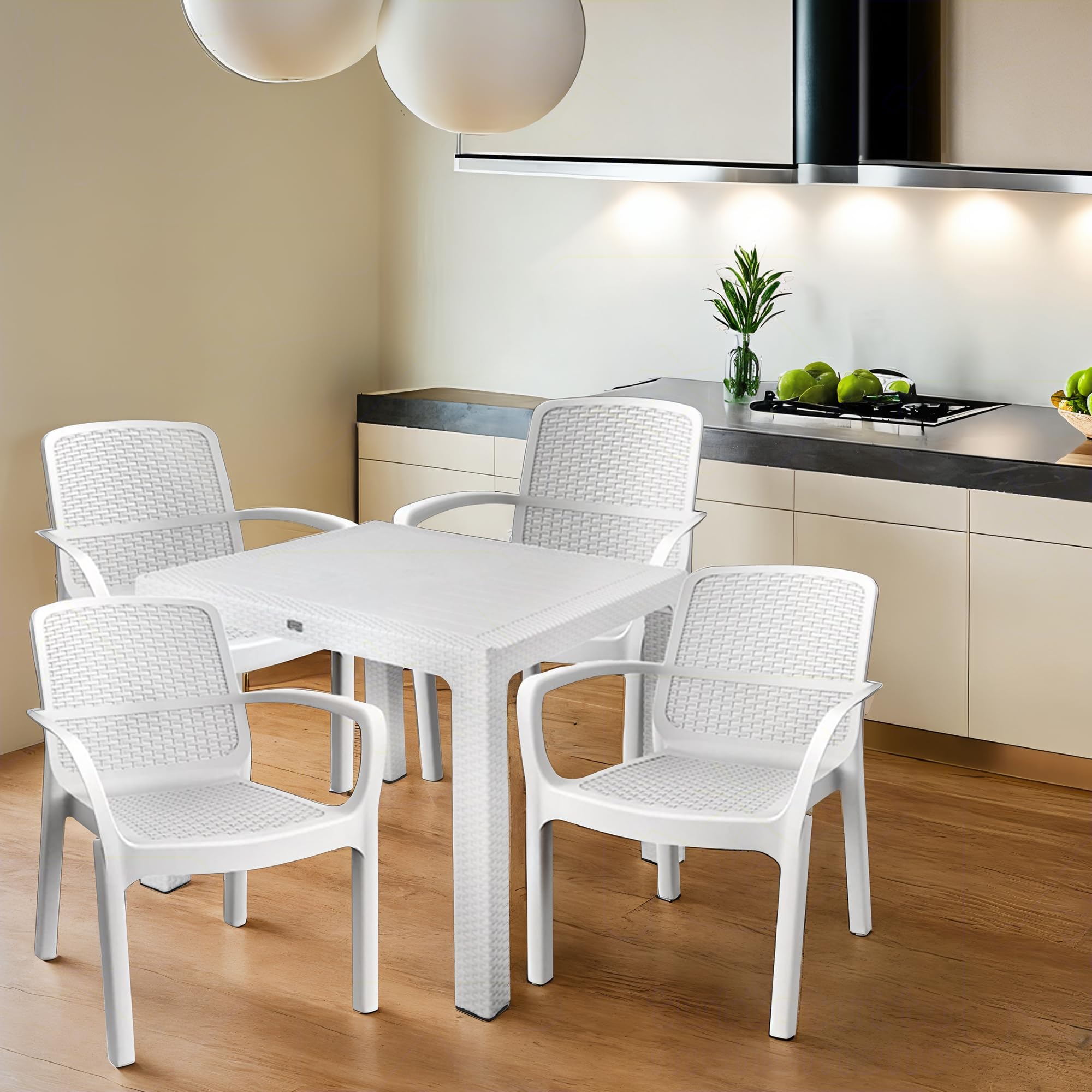 Sicignano | Set per Esterni Sedia Numana Tavolo 90x90cm, Impermeabili, Impilabili, Resistente UV, Ideale per Interno Esterno Bar Ristoranti Locali Commerciali (1, 4 Sedie 1 Tavolo)