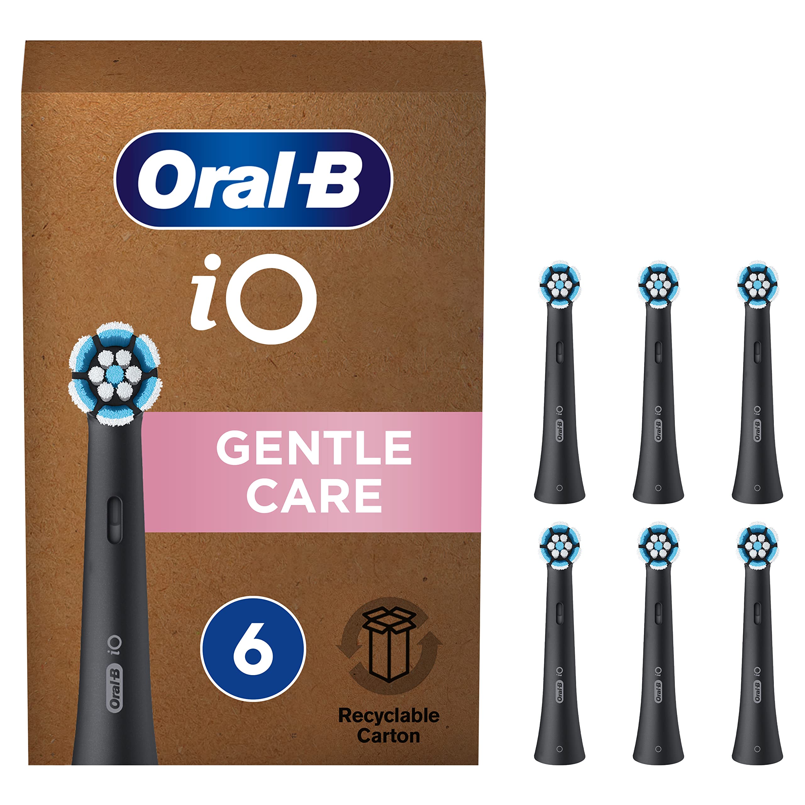 Oral-B iO Gentle Care Testine Spazzolino Elettrico, Confezione da 6 Testine di Ricambio Nere, Pulizia Delicata ed Efficace di Gengive e Denti Sensibili, Adatto alla Buca delle Lettere