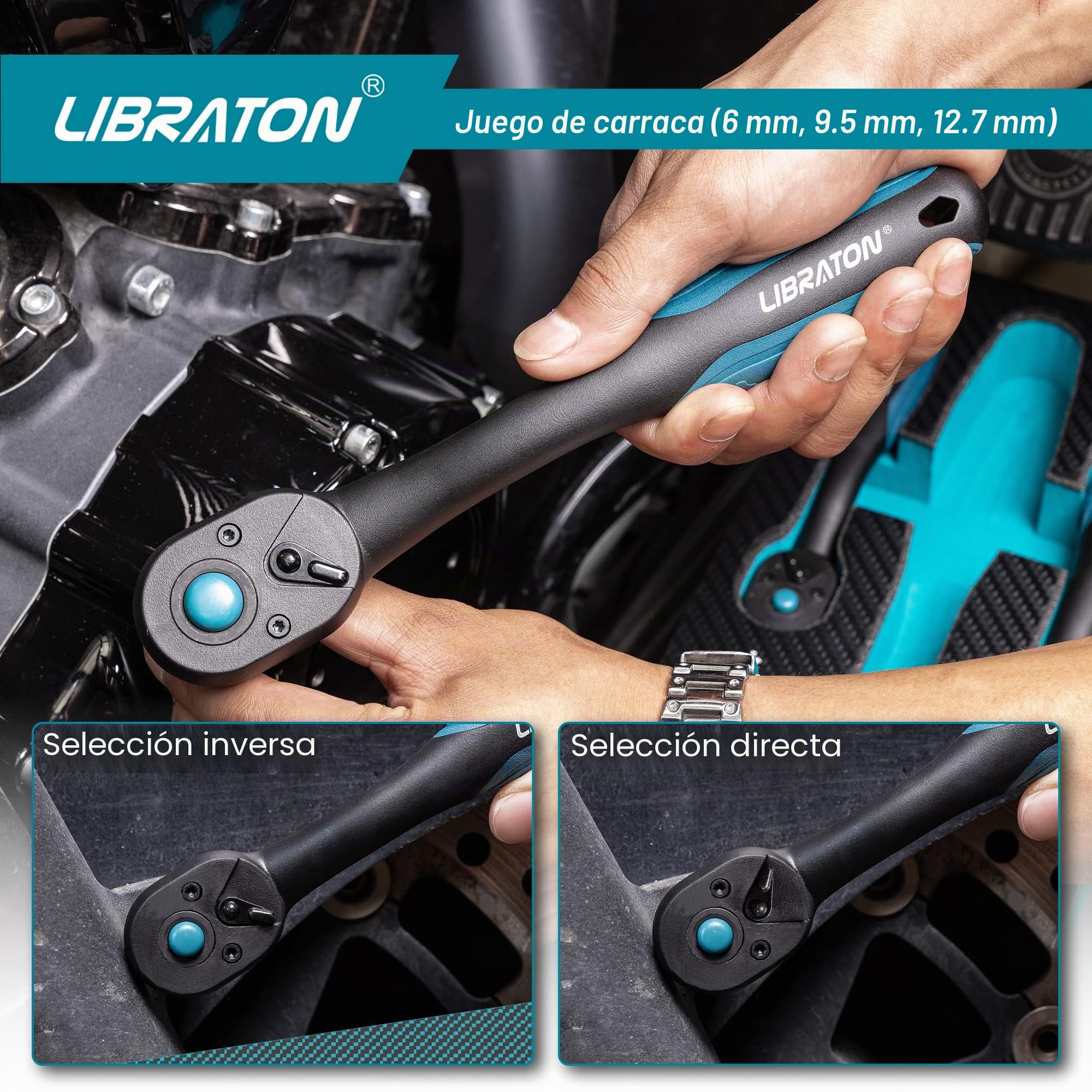 LIBRATON Trinquete Reversible, Trinquete Mango de Liberación Rápida, Juego de 3 piezas de trinquete de 1/2 "3/8" 1/4", 72 Dientes, para Reparación de Automóviles