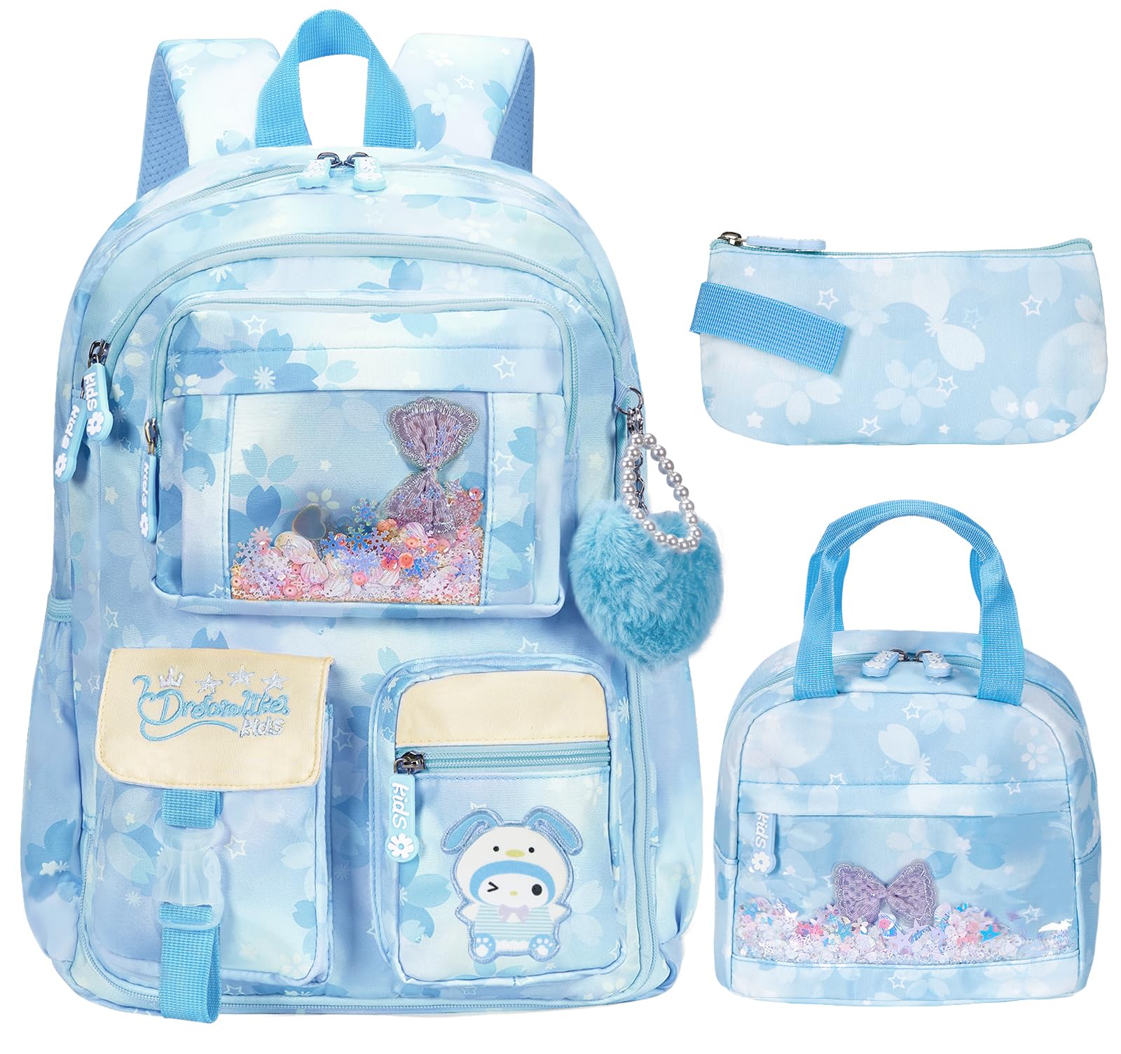 PIEAUWIE Kids Backpack for Girls, Cartoon School Bag for Elementary Middle School Students, Kawaii Children's Book Bag with Lunch Box & Pencil Case (