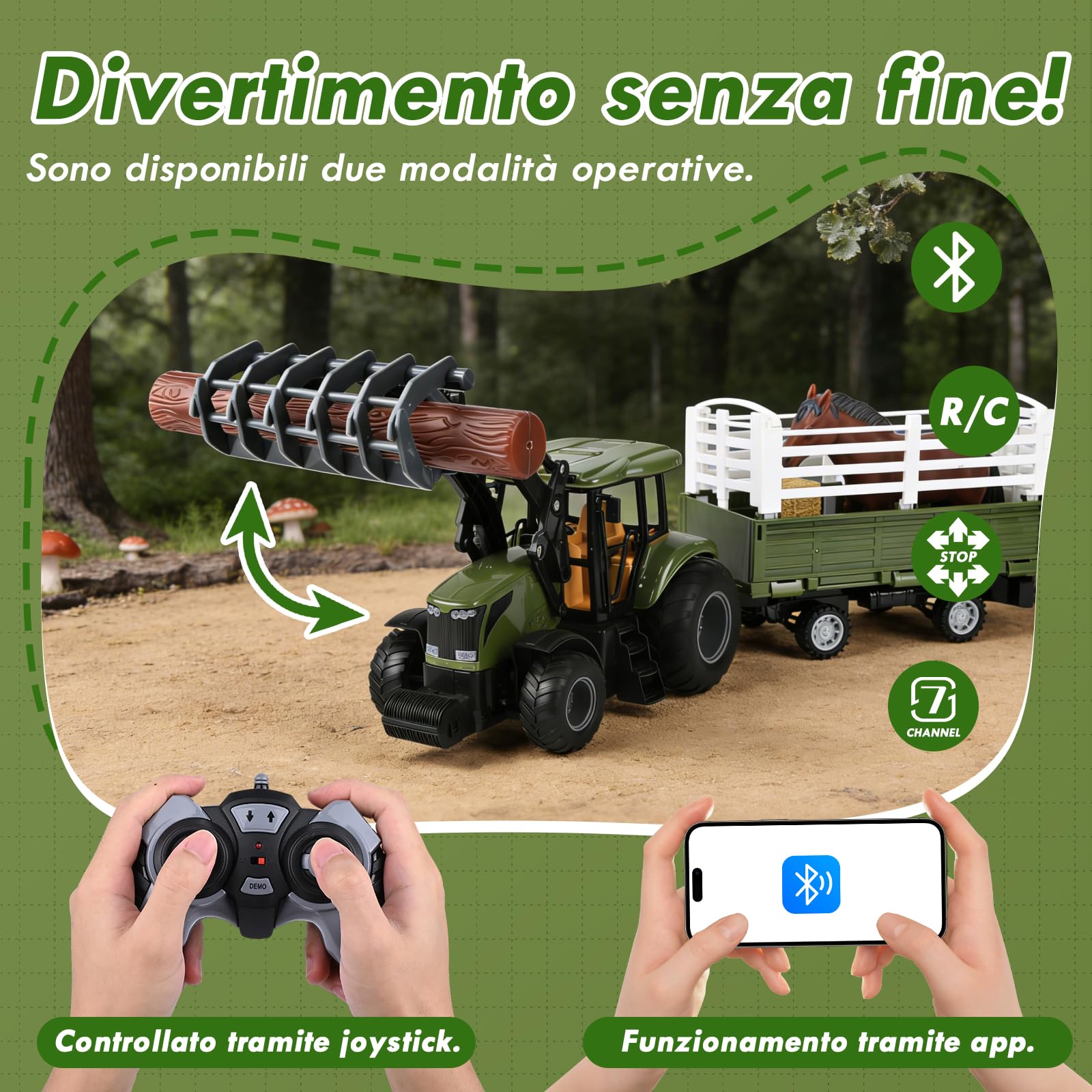 Trattore Telecomandato per Bambini, RC Trattore Telecomandato con Rimorchio, 2.4GHz Telecomando & App, 5x Fronte del Veicolo, Cavallo, Botte di Vino, Pagliaio, Giocattolo per Bambini da 3 Anni