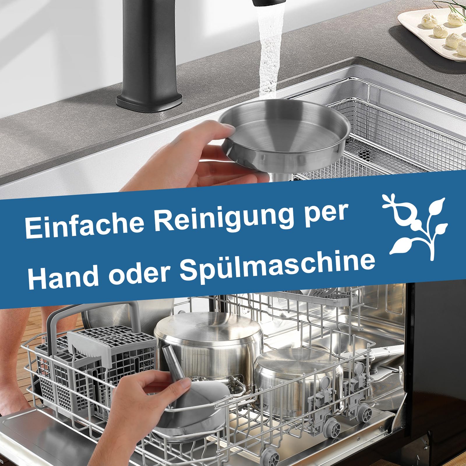 ASelected 5 Stück Edelstahl Trichter Set Trichter Edelstahl Küche Trichter mit Griff Marmeladentrichter mit Sieb Filter Reinigungsbürste zum Übertragen von Flüssigkeiten Öl Saft Marmelade Pulver