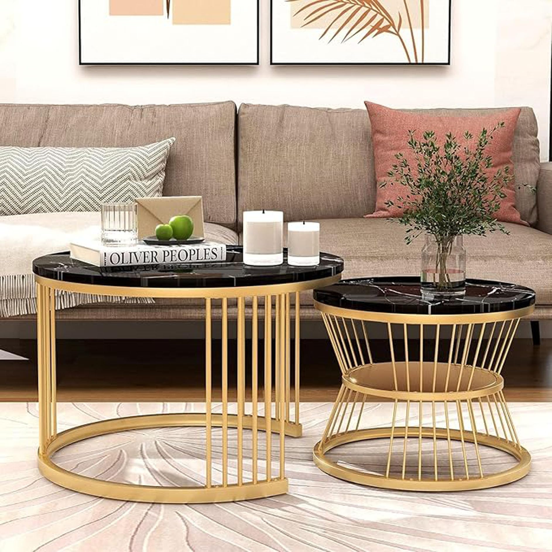 Set of 2 Nesting Tables for Living Room – Elegant Round Design with Metal Frame & Storage Shelf | Modern Center Tables for Home, Office & Lounge Décor | Stylish Accent Furniture. (Gold Black)-image-10