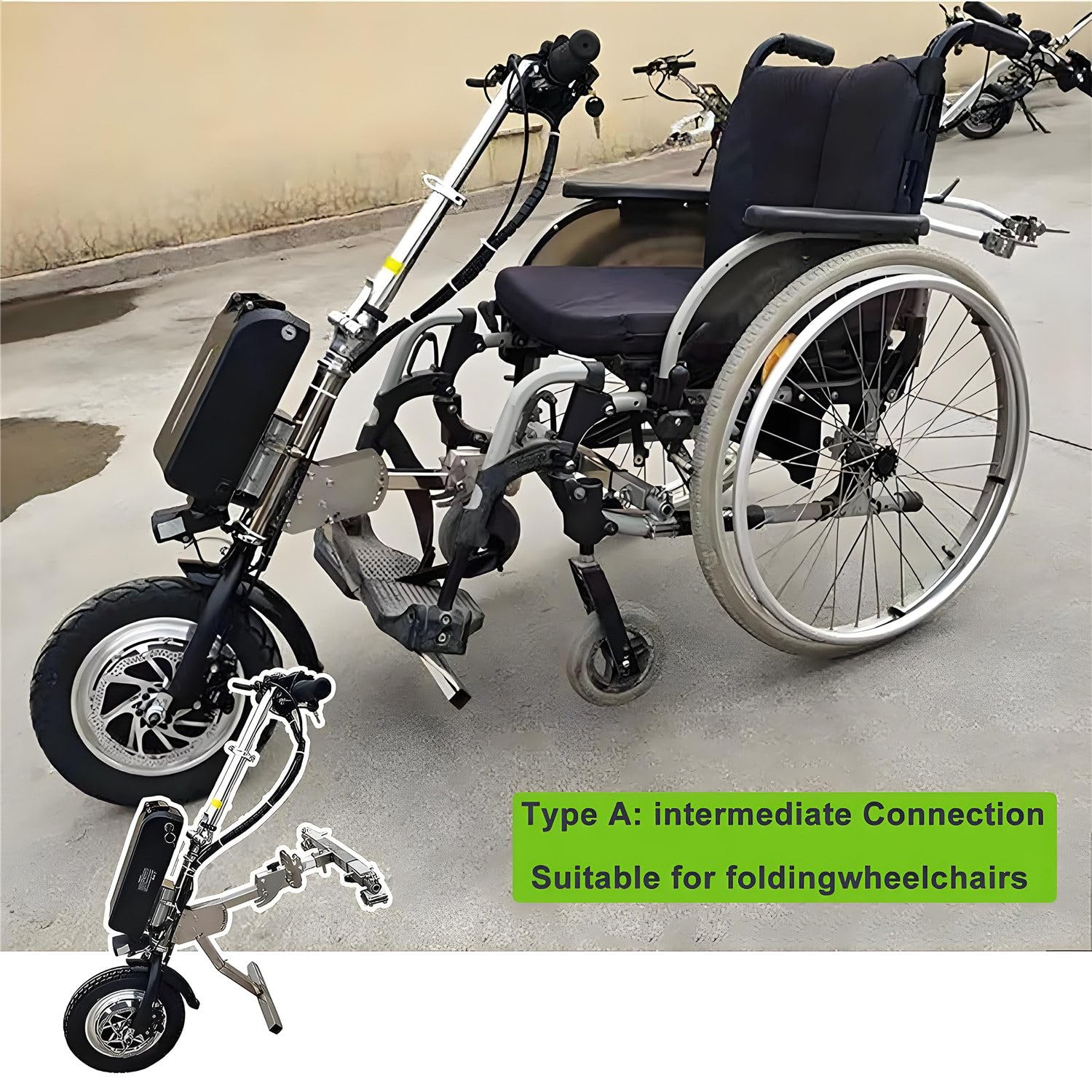 Dispositivo eléctrico de tracción para silla de ruedas con amortiguador, accesorio para bicicleta de mano, 500 W, 3 velocidades ajustables, rango de 60-70 km