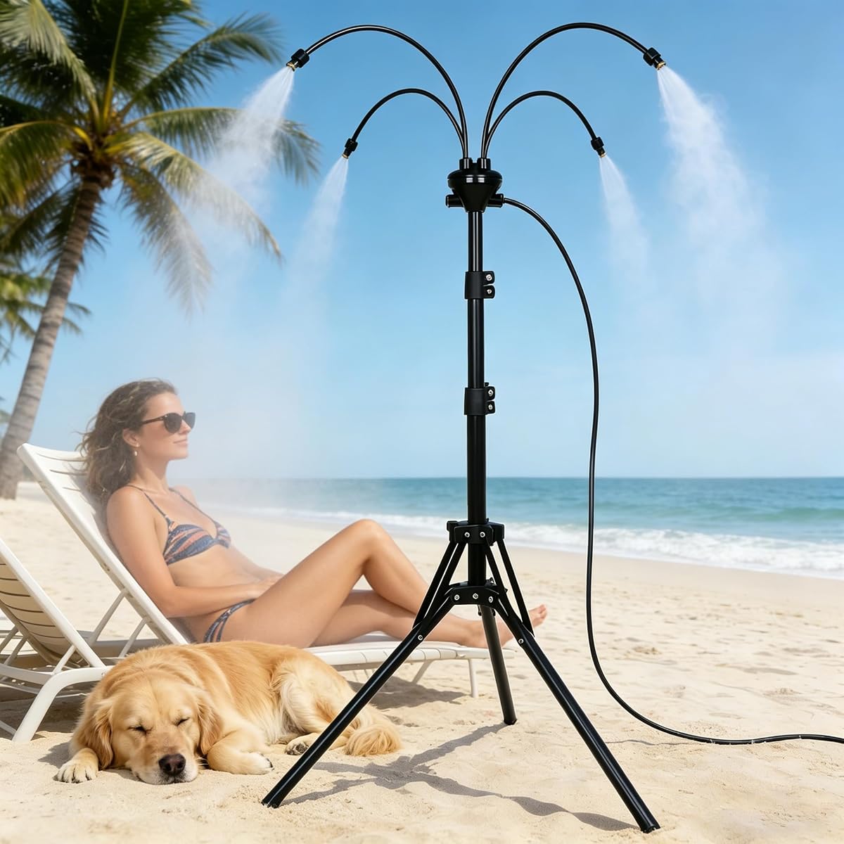 Standing Misters for Outside Patio Cooling, 5.3 FT Adjustable Stand Misting System, 4 Brass Nozzles + 4 Extra Heads, Thickened Base Portable Water Mister for Garden, Deck, Poolside