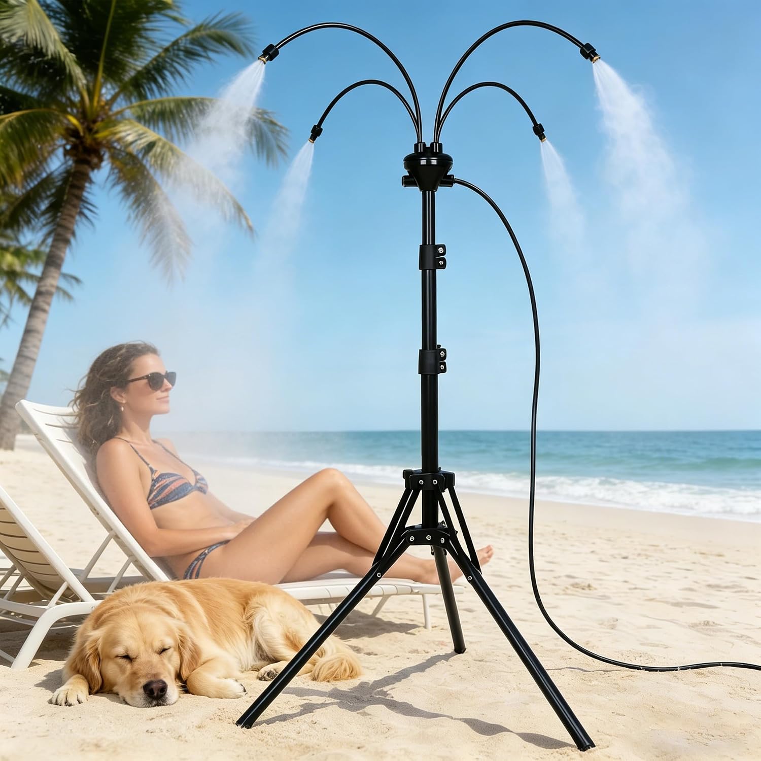 Standing Misters for Outside Patio Cooling, 5.3 FT Adjustable Stand Misting System, 4 Brass Nozzles + 4 Extra Heads, Thickened Base Portable Water Mister for Garden, Deck, Poolside