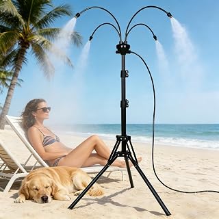 Standing Misters for Outside Patio Cooling, 5.3 FT Adjustable Stand Misting System, 4 Brass Nozzles + 4 Extra Heads, Thickened Base Portable Water Mister for Garden, Deck, Poolside