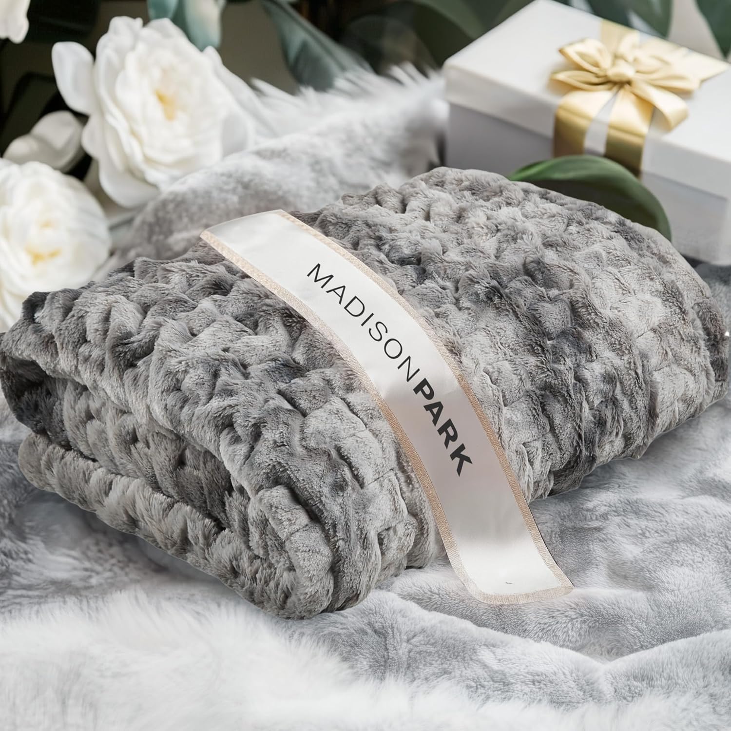 Madison Park Faux Fur Throw, Luxurious Ruched Texture, Fuzzy Warm, Plush Mink-Like Reverse, All Season, Lightweight & Cozy Blanket-Throw for Sofa, Couch, Living Room & Office 50" x 60" Gray Tie Dye - Image 6