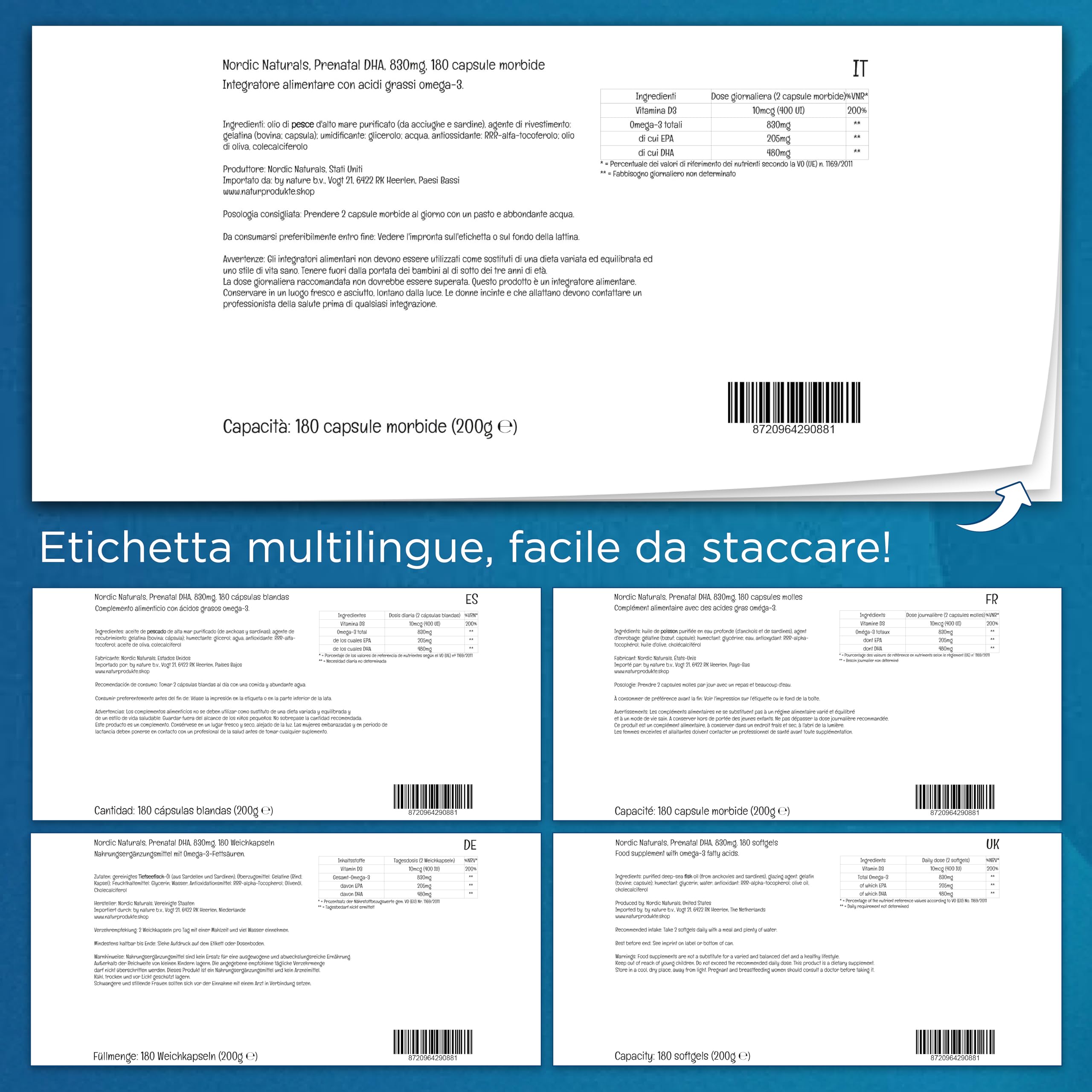 Nordic Naturals, Prenatal DHA, 830 mg di Omega-3 con EPA e DHA, Altamente Dosato, Senza Sapore, 180 Capsule molli, Testato in Laboratorio, Senza Soia, Senza Glutine, Non OGM