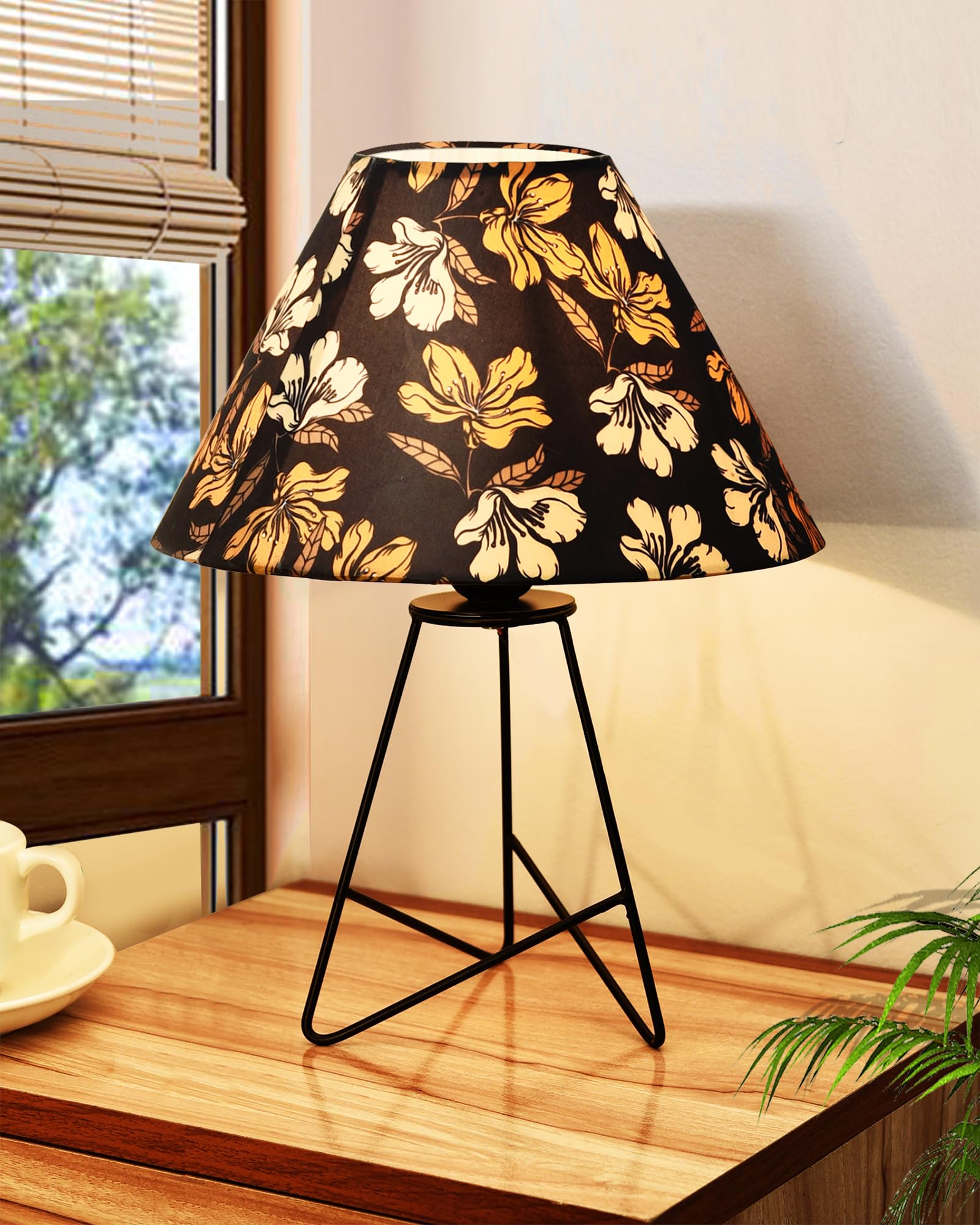Homesake® Retro Matt Black Down to the Wire Metal Table Lamp with Fabric Shade, Bedside Lamp Gift Housewarming Home Living Room, Shade (Iris Cone)