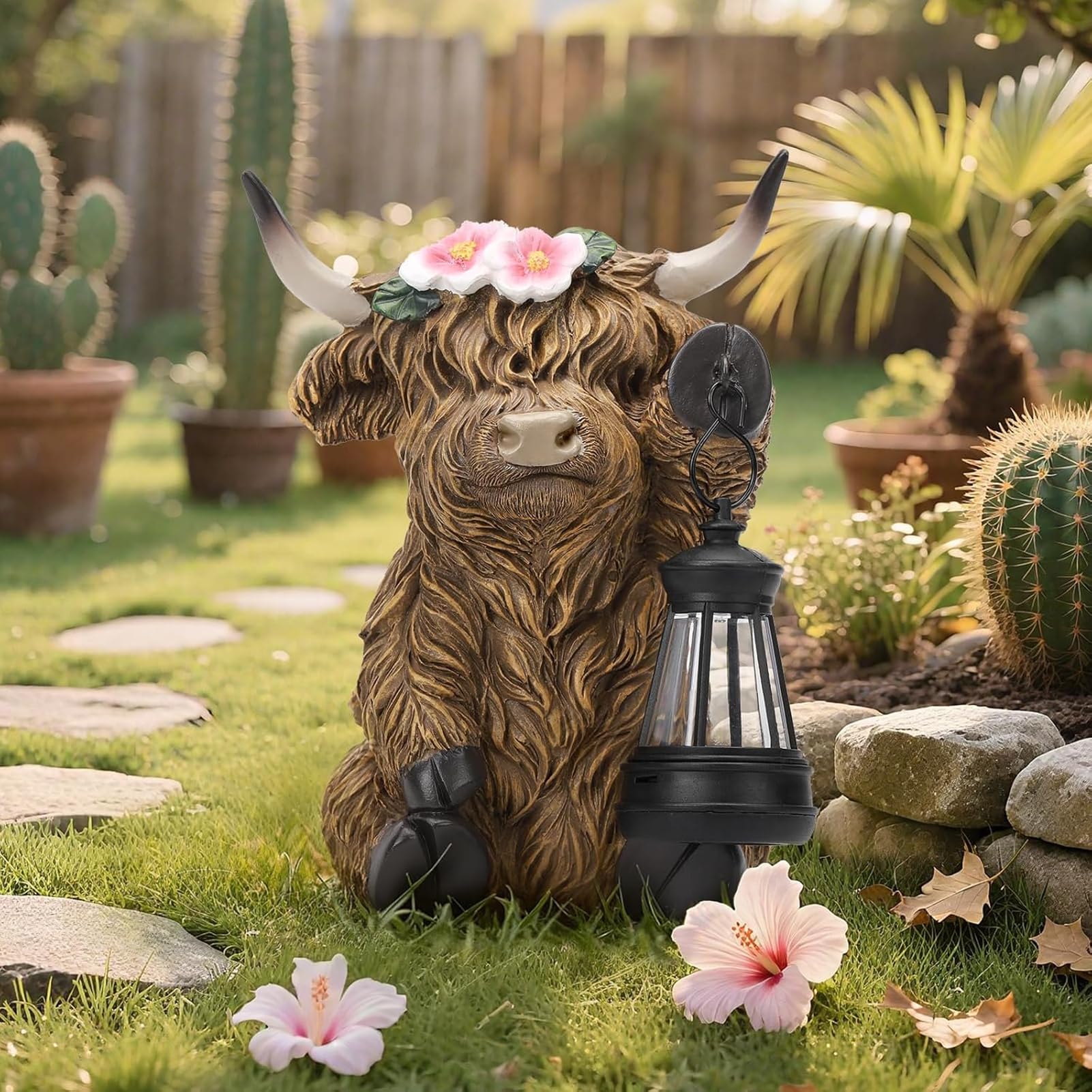 Highland Cow Kuh Figuren mit Blumen Solar Deko für Gartendeko & Wohnzimmer - Solar-Laterne, Bernstein-LED, autom. EIN/Aus, wetterfeste Harzfigur für Garten, Balkon & Bauernhof-Deko