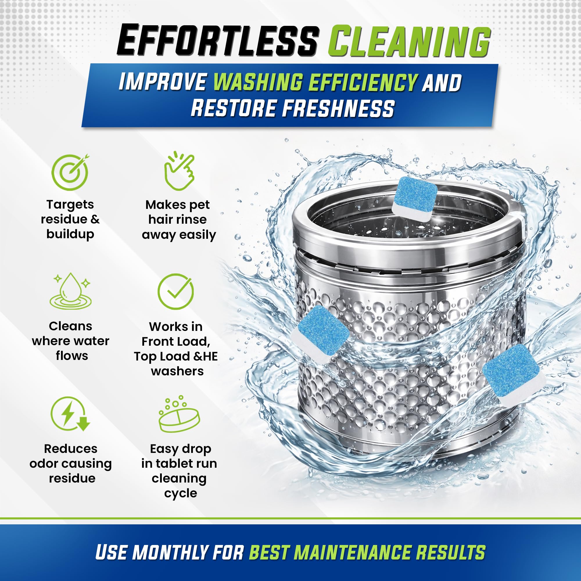True Fresh Washing Machine Cleaner Tablety, 25 Solid Deep Cleaning Tablet, Finally Clean All Washer Machines Including HE Front Loader Top Load
