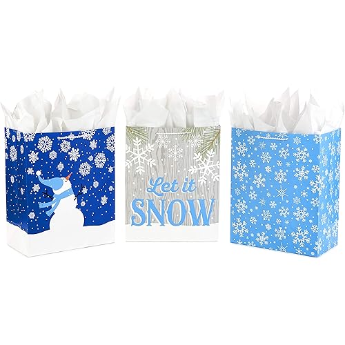 Hallmark 13" Large Holiday Gift Bag Assortment with Tissue Paper (Pack of 3: Blue, Snowflakes, Snowman) for Christmas or Hanukkah Gifts, 5XGB2815
