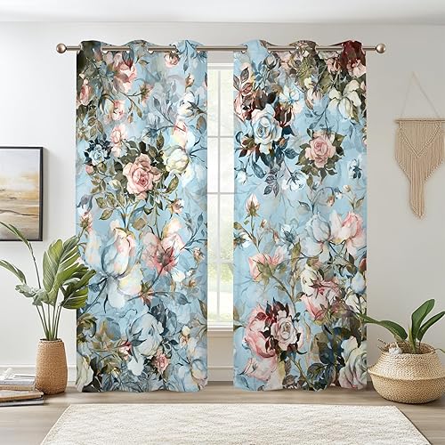 Miniatura 25 de Renaiss Cortinas opacas de flores silvestres, estampado floral botánico pastel con aislamiento térmico, cortinas de ventana de plantas naturales