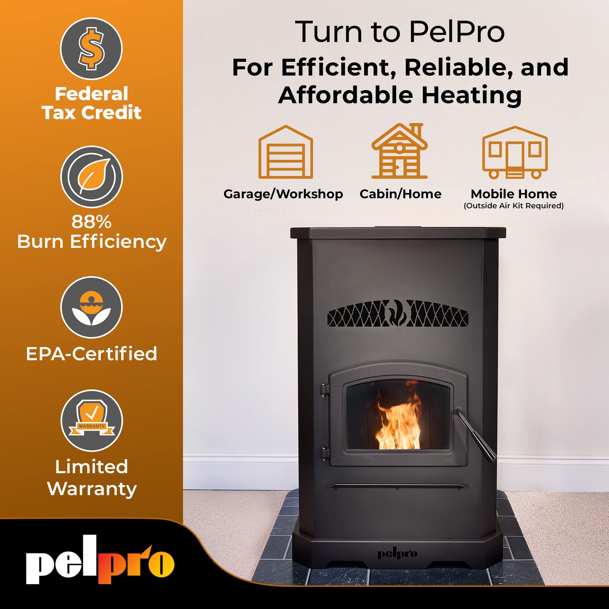 PelPro PP150 Pellet Stove for Home Heating - 150 lb Hopper, 49,200 BTU  Heats up to 2,500 Sq. Ft., Easy-Dial Temp Control, Built-In Thermostat with  Auto-Ignition, Powerful u0026 Quiet 265CFM Blower : Home u0026 Kitchen - Amazon.com