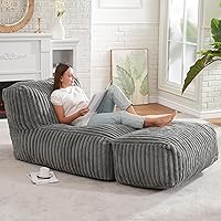 Hobestluk Large Bean Bag Lounger Chair for Adults - Memory Foam Filled Faux Fur Beanbag Sofa with Ottoman (Stripe Grey)