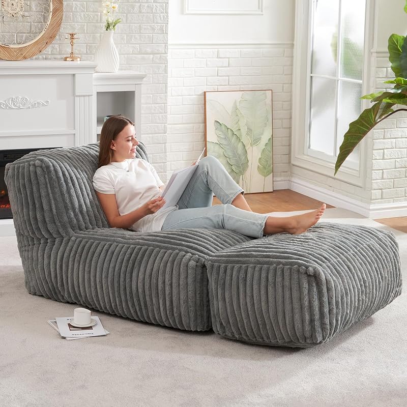 Hobestluk Large Bean Bag Chairs Sofa for Adults Giant BeanBag Couch Lounger | Ergonomic Design,Memory Foam,Washable Cover,Oversized Comfy Chaise Lounger Boneless Couch Living Room | Stripe Grey Large
