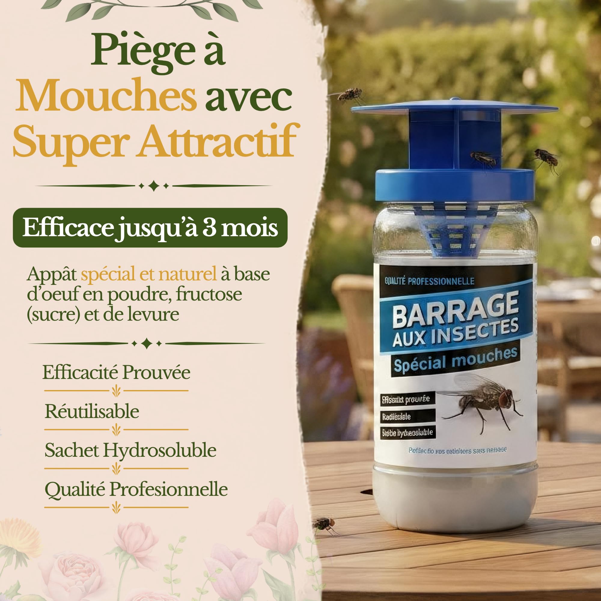 Piège à Mouche Extérieur avec Super Attractif - Appât de Qualité Professionnelle - Bouteille Piège Anti Mouche avec Entonnoir Réutilisable - Pour Jardin et Terrasse