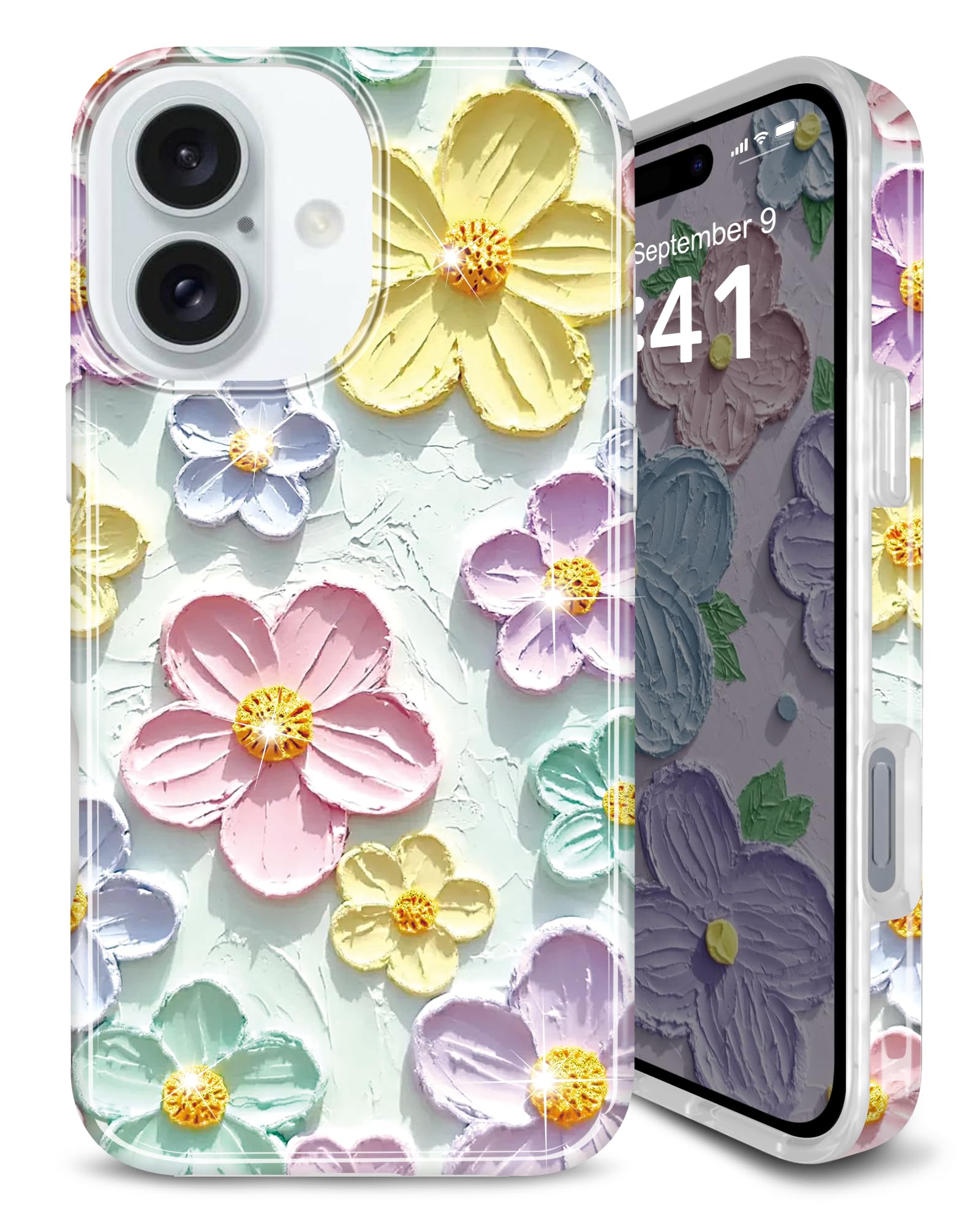 JIAXIUFEN Case for iPhone 16 6.1" Sparkle Glitter Retro Oil Painting Flower Design Slim Shockproof Protective TPU Cover Phone Case 2024 Mint Colorful