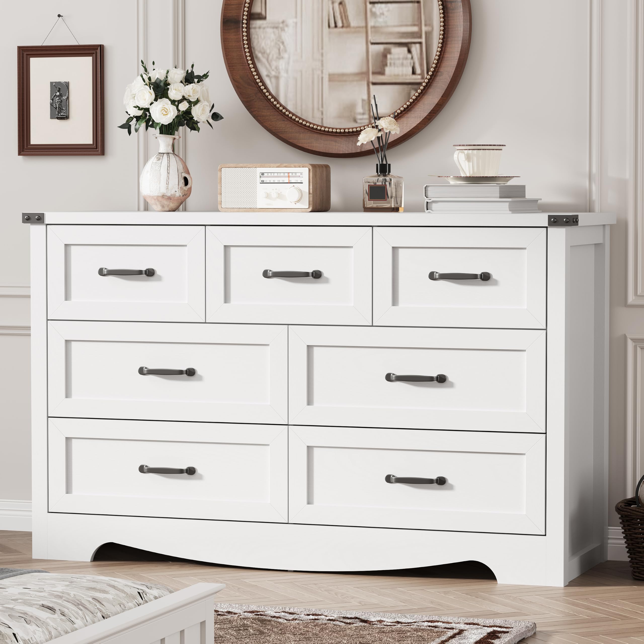 Dresser for Bedroom with 7 Drawers, 58" Wide Wood Chest of Drawers with Deep Drawers &amp; Mental Handle, Modern Dresser TV Stand, Wooden Closet Storage Organizer for Living Room, Hallway, Entryway, White