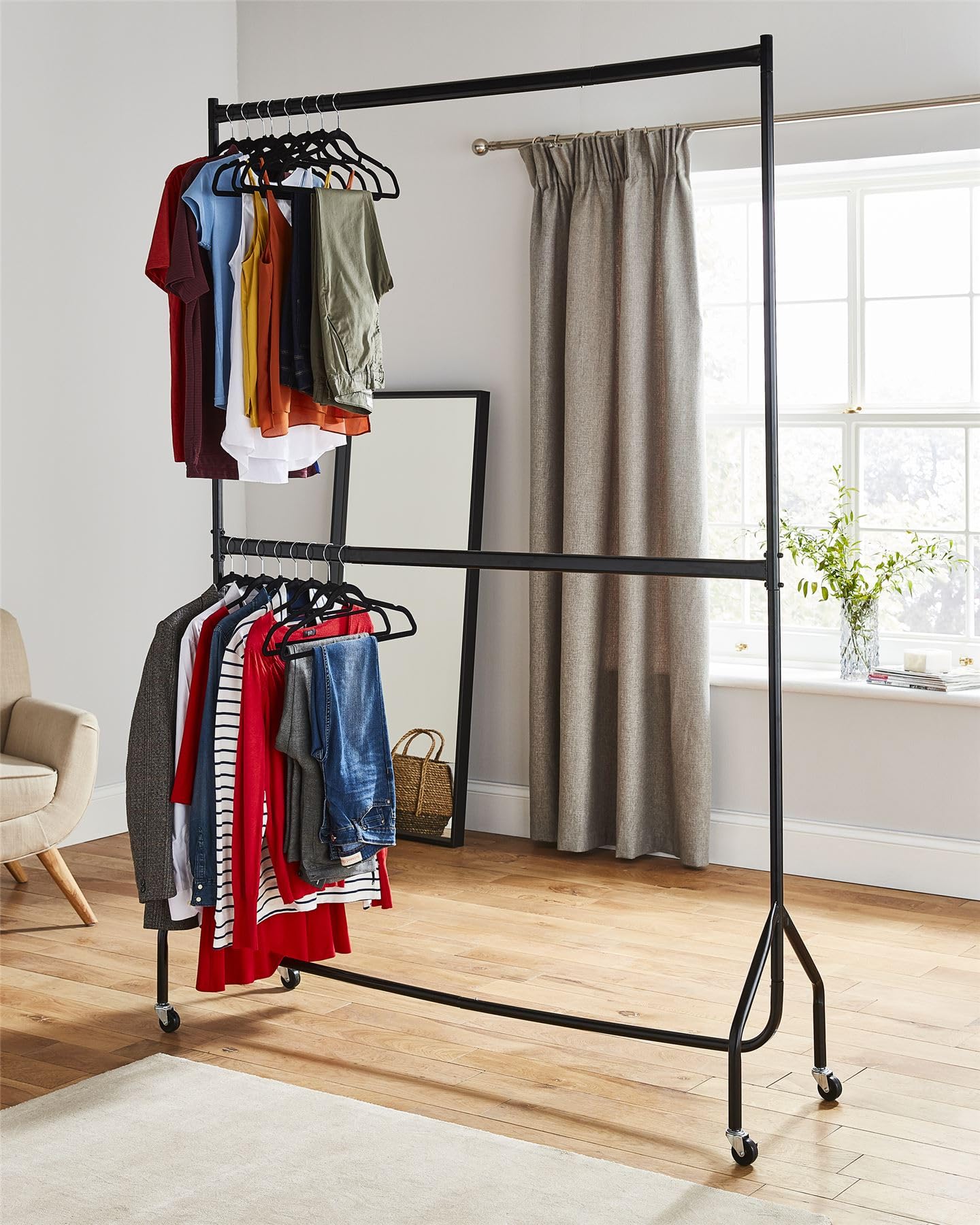 House of Home Heavy Duty Metal Clothes Rail & Wheels - 2 Tier Double Rail Wardrobe Replacement - Hanging Clothing Rack - Clothes Storage & Organiser for Shirts, Coats, Hat & Shoes - Black, (5ft x 6ft)