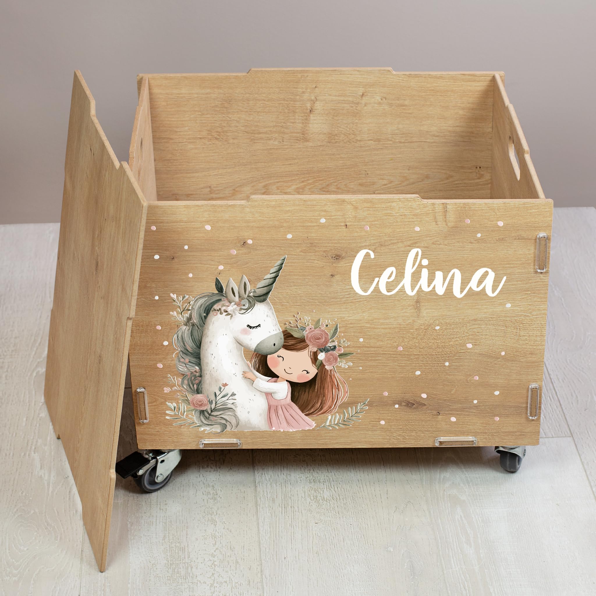 Striefchen® clipfritz Rollbox personalisiert mit Name – Personalisierbare Aufbewahrungsbox mit Rollen & Deckel – Spielzeugkiste aus Holz als Geschenk für Kinder (Einhorn)