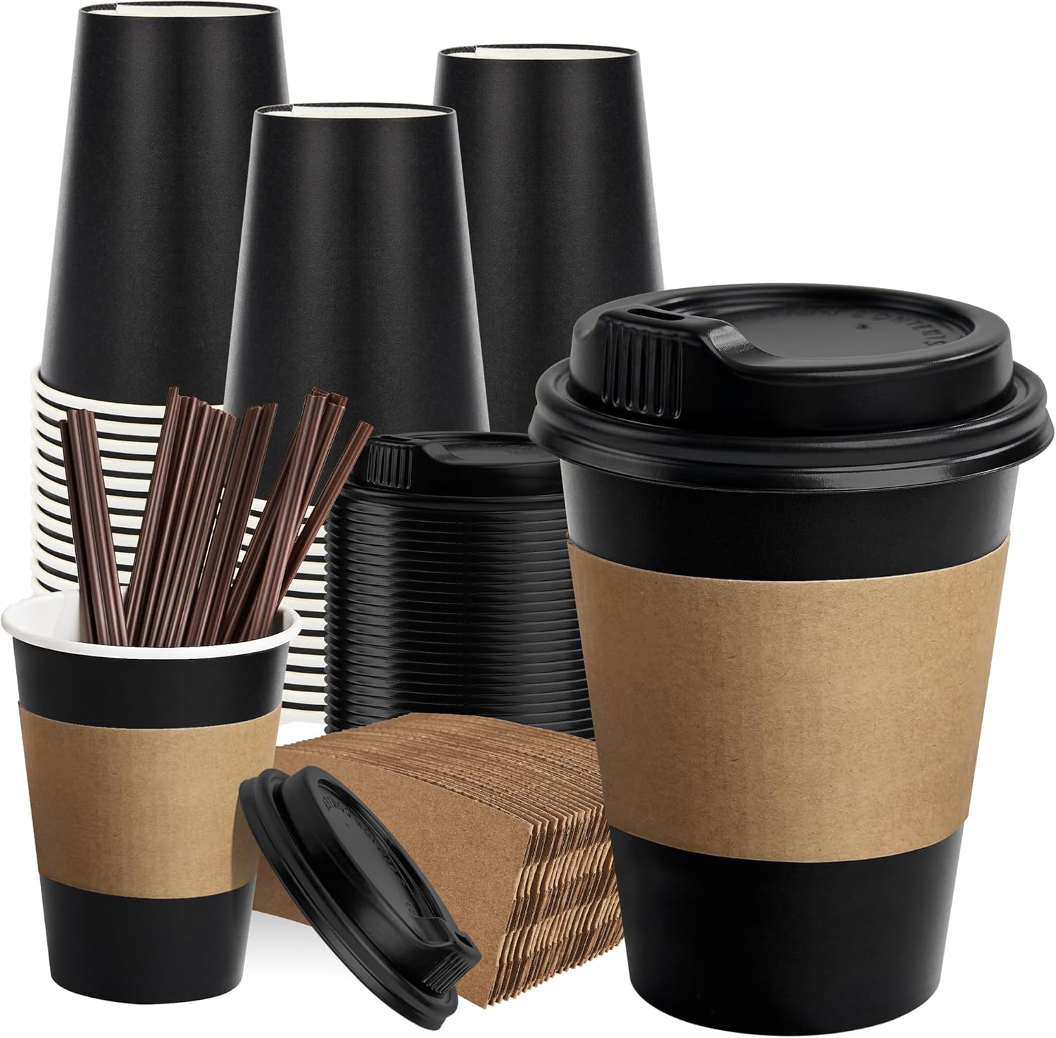 RACETOP 12 oz Paper Coffee Cups,100 Pack Black Disposable Coffee Cups with Lids, Sleeves and Stirring Sticks, 12 oz Hot Coffee Cup for Hot Drinks, Parties, Picnic, Travel, and Events 12 oz-Black-lids-sleeves 100 pack