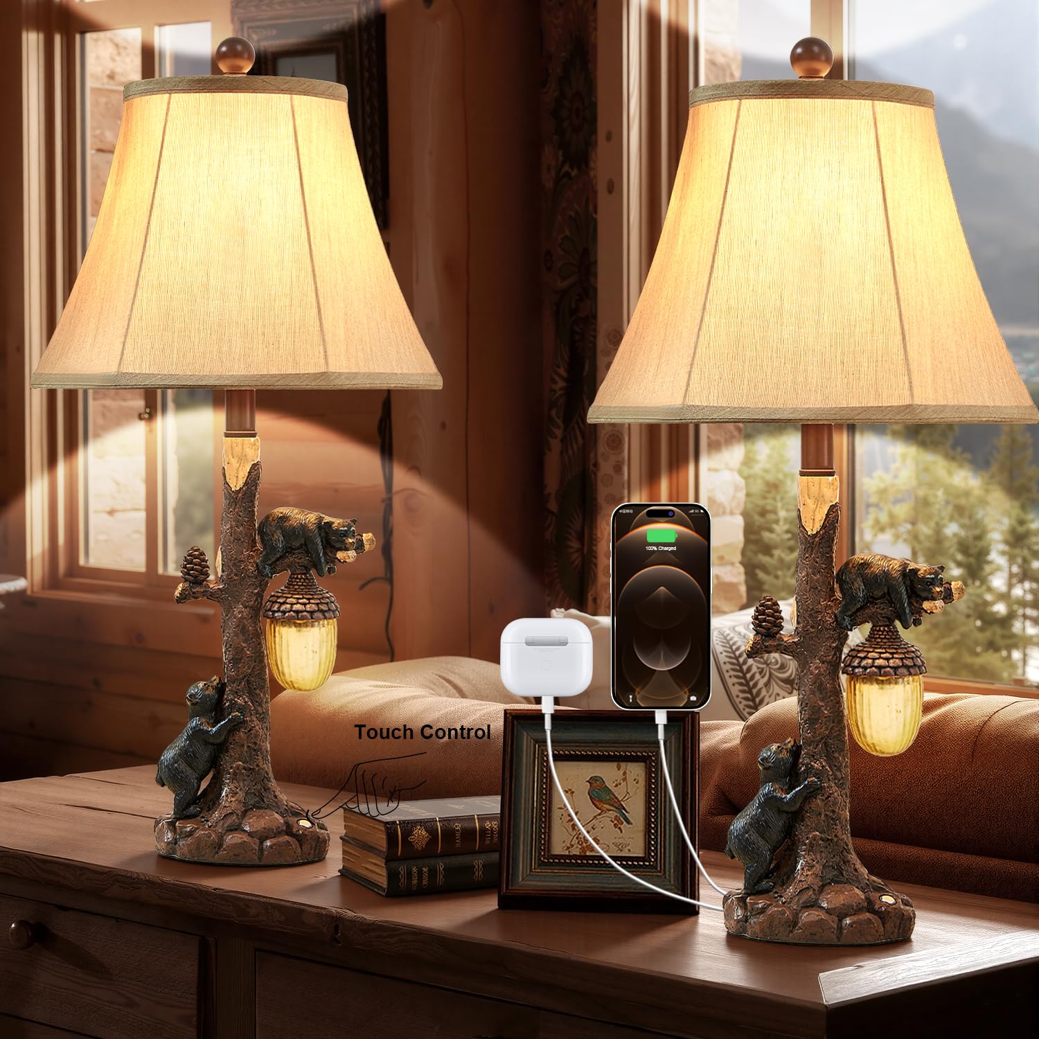LOKHOM Rustic Western Bear Table Lamp with Nightlight Set of 2, 26