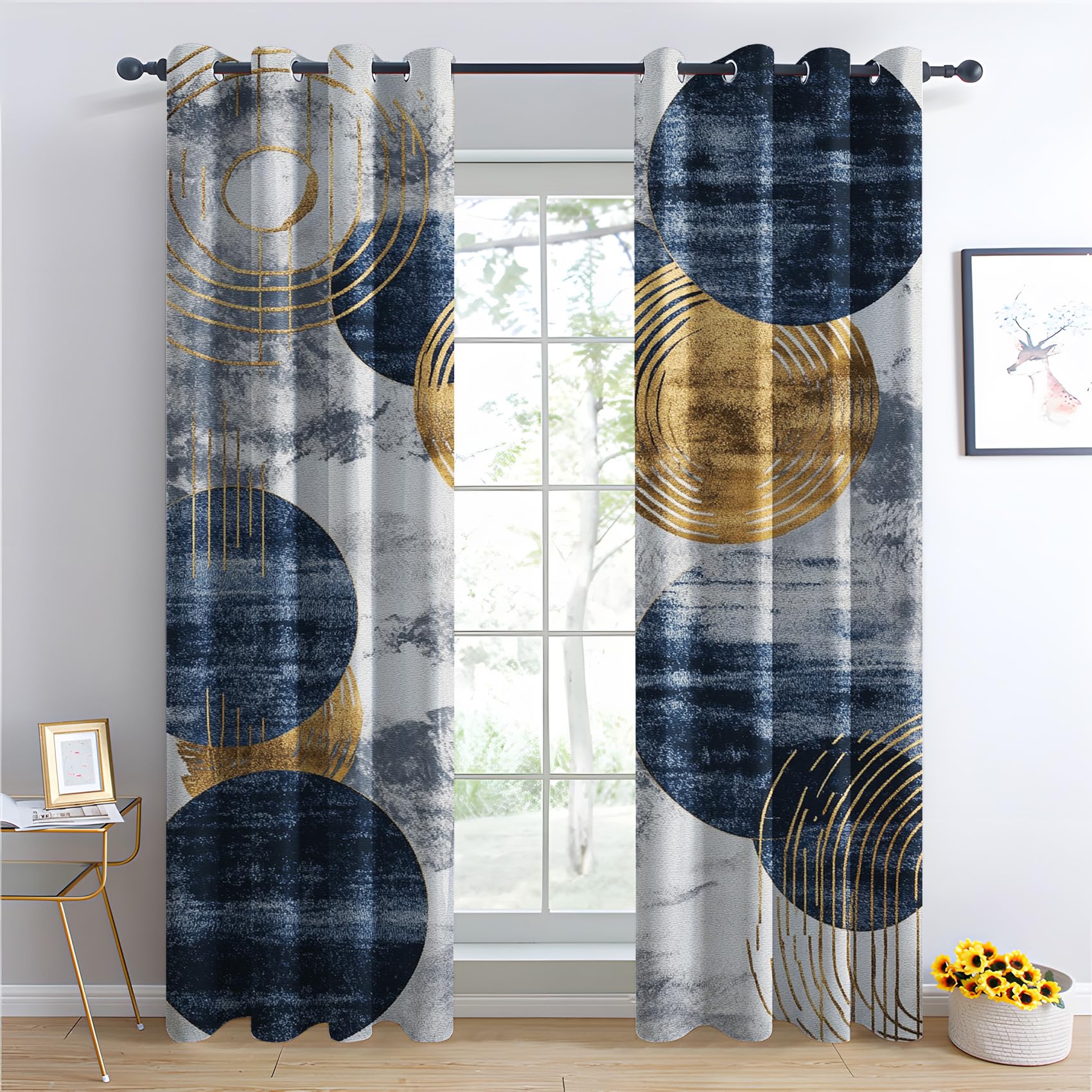 Luxfieo Geometric Blackout Curtains for Living Room Bedroom - 72 Inch Drop Curtains 66x72, Blue White Gold Modern Luxury Patterned Window Treatments, Thermal Eyelet Drapes 2 Panels U#36