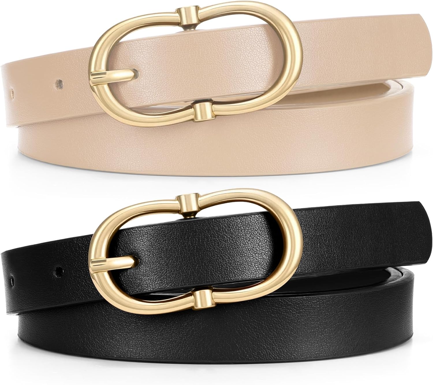 2 Pack Women Belt for Jeans Pants Dresses Fashion Skinny Leather Belts Ladies Wasit Belt with Gold Buckle