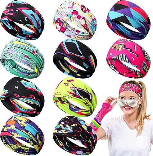 10 diademas de los años 80 y 90, accesorios para mujeres y hombres, diademas de entrenamiento retro de neón, bandas para el sudor, disfraces