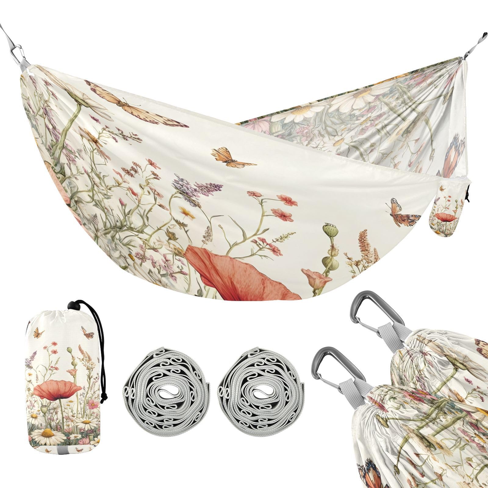 ATTX Wildflowers and Butterflies Camping Hammock - Lightweight & Portable Hammocks, Heavy Duty 330lbs Capacity for Indoor, Hiking, Backpacking, Travel, Backyard, Beach#108