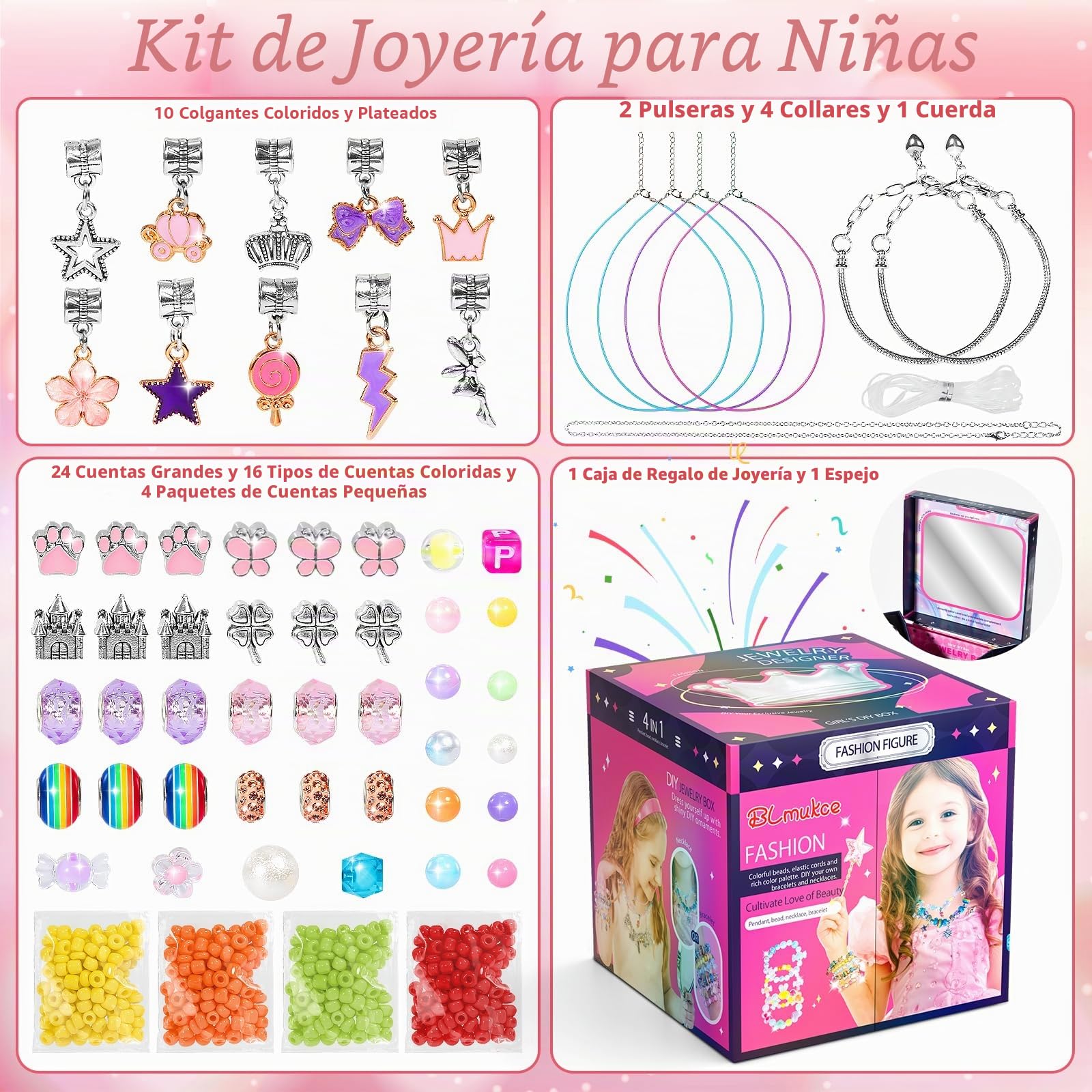BLmukce Set de joyería DIY para niños – pulsera y cuentas DIY para niñas con cuentas, dijes y accesorios para collares, regalo de cumpleaños y Navidad (4-12 años)