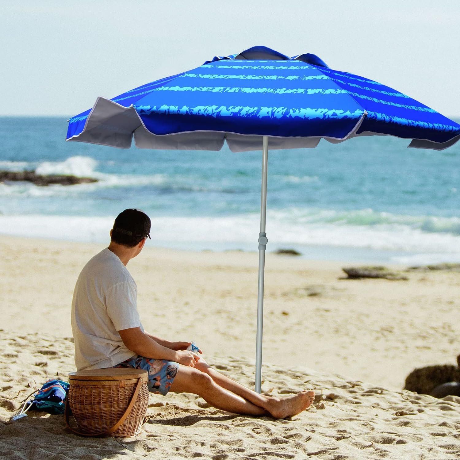 AMMSUN Beach Umbrellas for Sand Heavy Duty Wind Portable, 6.5 ft Beach Umbrella with Sand Anchor & UV Protection, Carry Bag for Outdoor Patio Garden Outdoor, Blue