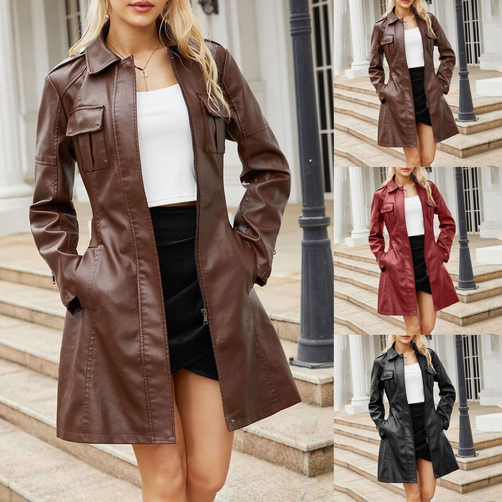 Veste en cuir trench pour femme - Veste de motard en cuir synthétique - Longue veste de moto avec fermeture éclair et ceinture - Col montant - Veste d'extérieur chaude - Veste de loisirs - Coupe