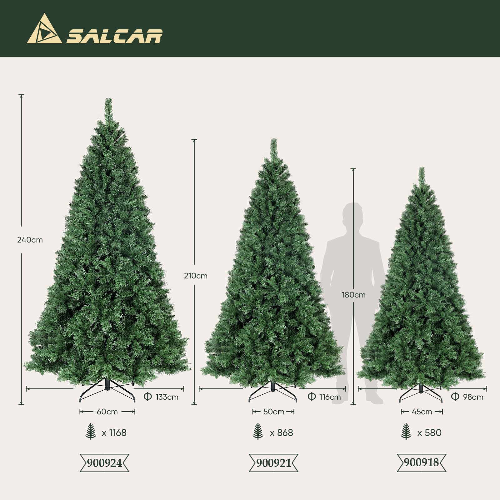 SALCAR Sapin de Noël Artificiel 210cm, Arbre de Noel avec 868 Pointes de Branche, Gants et Pieds de Sapin de Noël en Métal, Lgnifuge, Assemblage Rapide