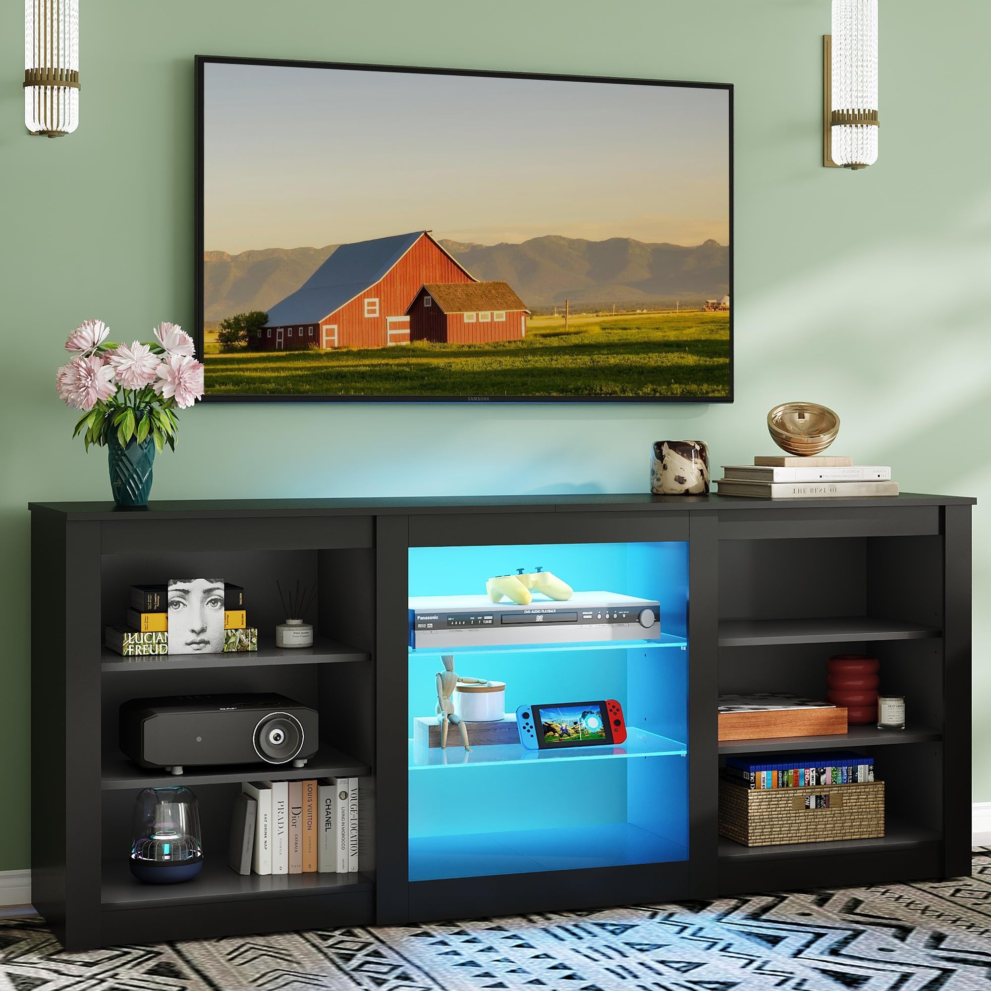 WLIVE Modern TV Stand for 65 Inch TV, Entertainment Center with Adjustable Open Shelves & RGB LED Lights, Sturdy Media Console for Living Room, Bedroom,Gaming (Black)
