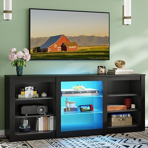 WLIVE Modern TV Stand for 65 Inch TV, Entertainment Center with Adjustable Open Shelves & RGB LED Lights, Sturdy Media Console for Living Room, Bedroom,Gaming (Black)