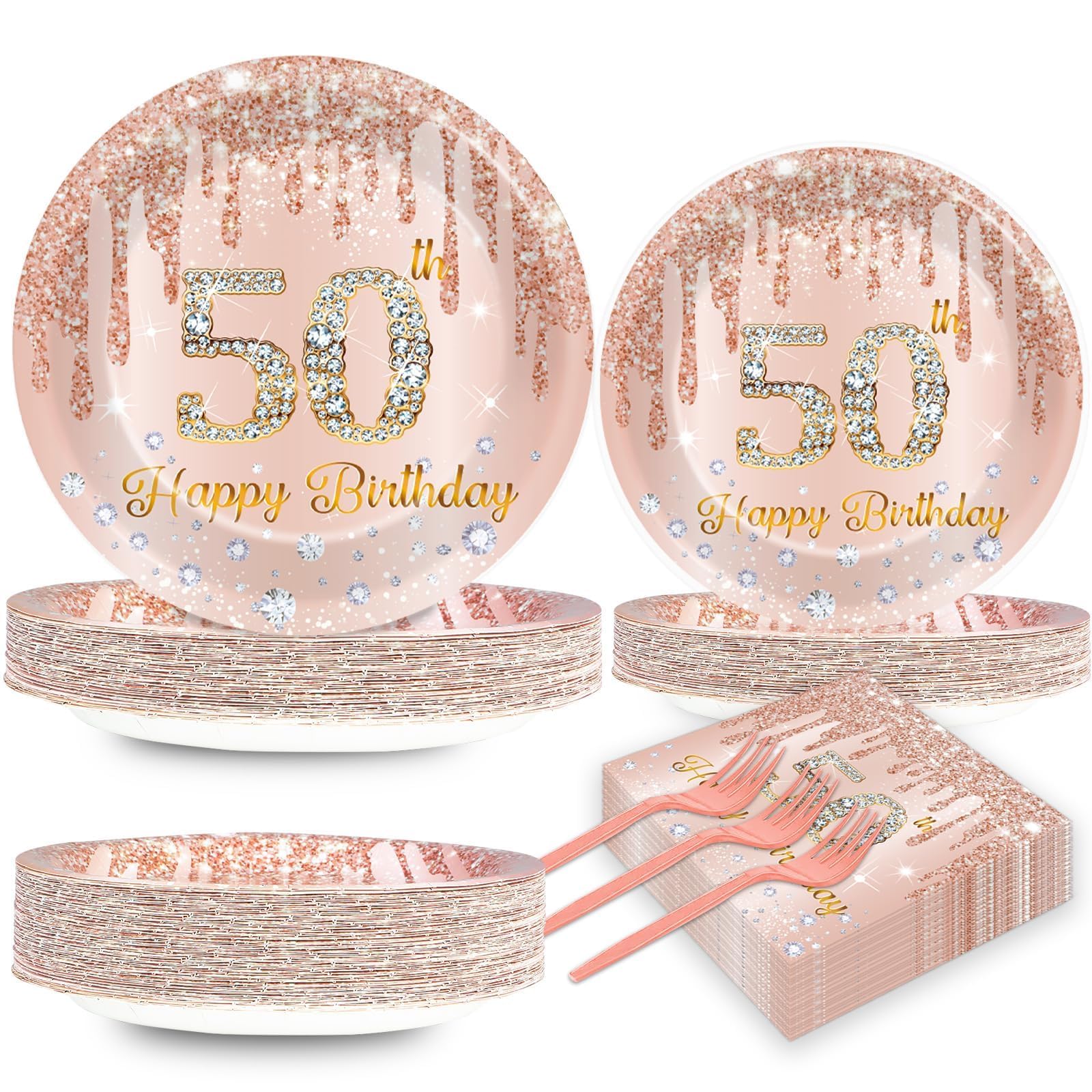 CHUNNIN 200 PCS Happy 50th Birthday Party Plates Napkins Pink Rose Gold Tableware Set for Women 1976 Decorations Dessert Plates Forks Serve 50 Guests