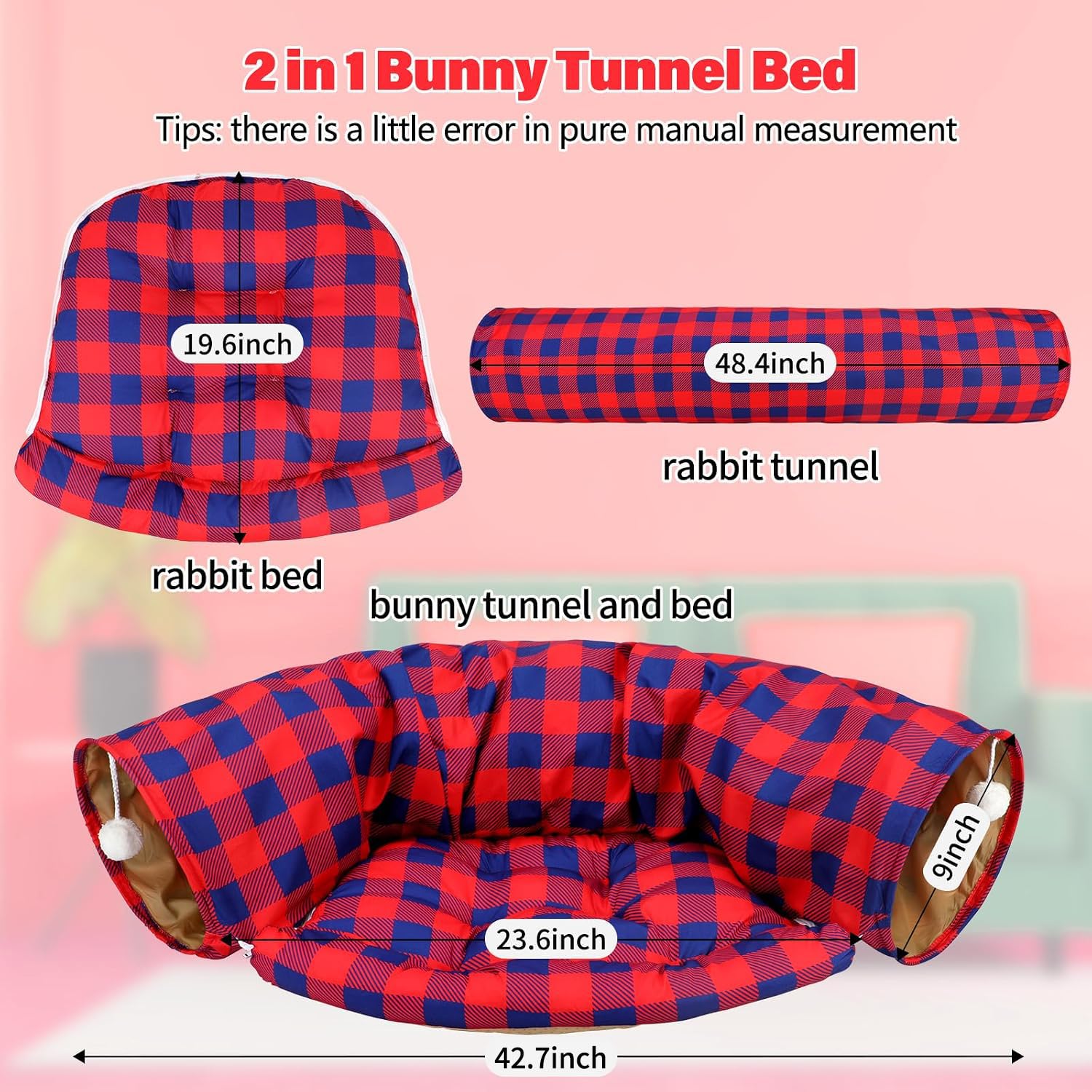 BWOGUE Tunnel lit pour lapin, 2 en 1 - Tunnel pliable avec tapis amovible pour chats, chatons, lapins, cochons d'Inde, chatons (carreaux rouges)