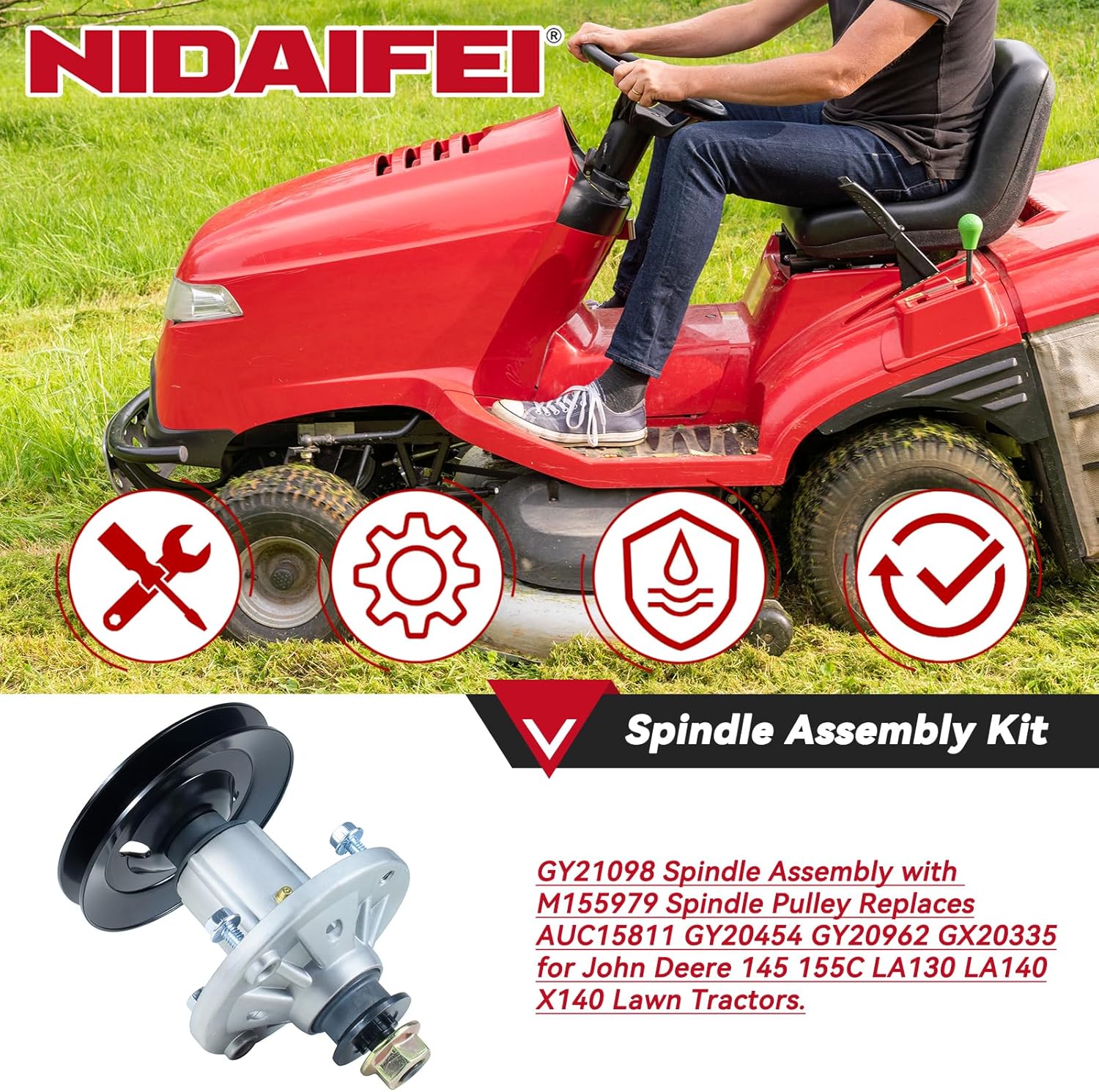 AUC15811 Spindlle Assembly with M155979 Pulley Replaces AUC15811 Mower Deck Drive Spindle GY21098 GY20454 GY20962 for John Deere 48" Decks, John Deere LA130 155C LA140 145 X140 Tractors