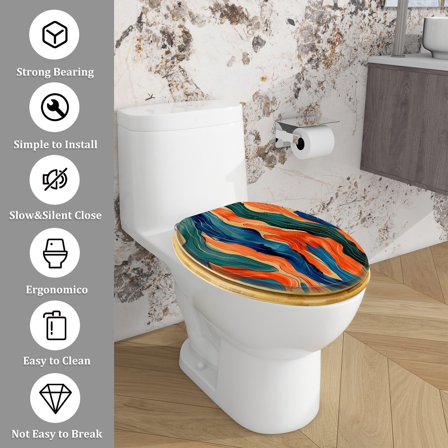 Sedile WC allungato in legno con cerniere a sgancio rapido a chiusura ammortizzata, stampa astratta senza cuciture, copriwater decorativo.