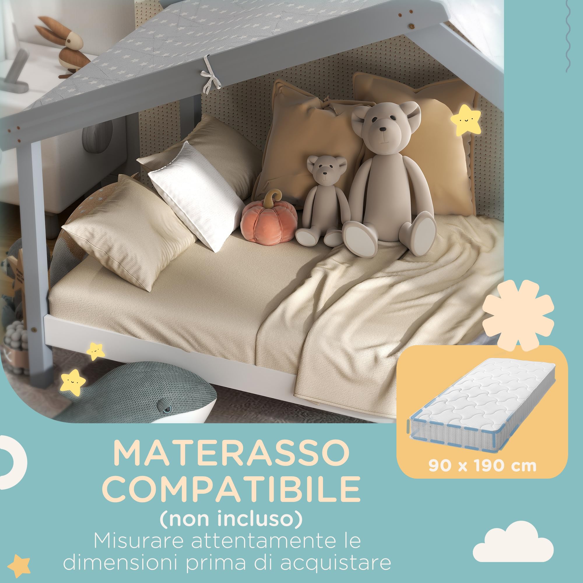 HOMCOM Letto Montessori per bambini a Casetta con Tetto Stellato, Letto per Bambini 90x190 cm per Cameretta con Struttura in Legno di Pino, 15 Doghe e Barriere di Protezione, Grigio