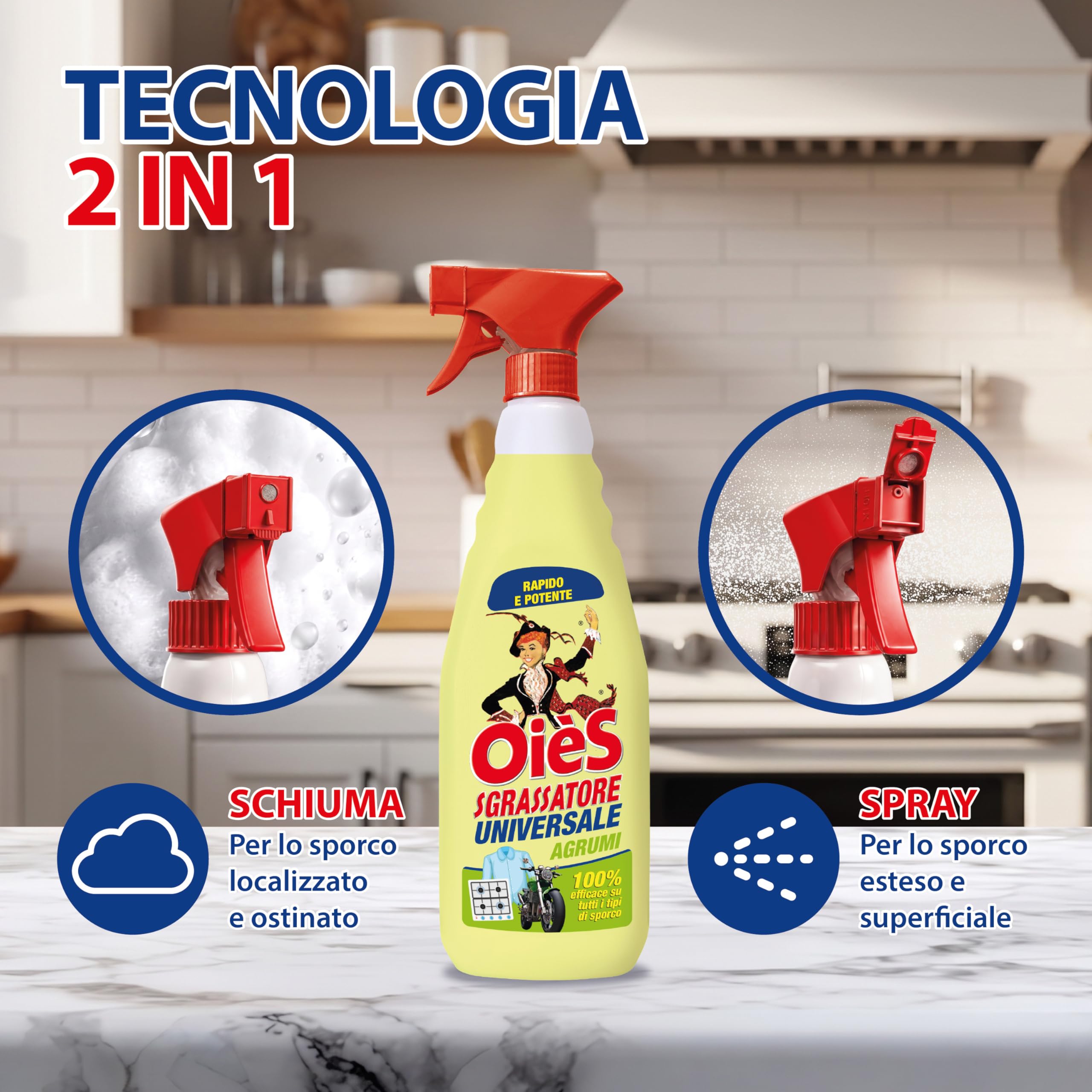 OièS Sgrassatore Universale 750 ml - Spray Sgrassante Rapido e Potente per Cucina, Forno, Piano Cottura, Acciaio e Superfici Lavabili - Elimina Grasso Ostinato e Sporco Incrostato - Agrumi (8 Unità)