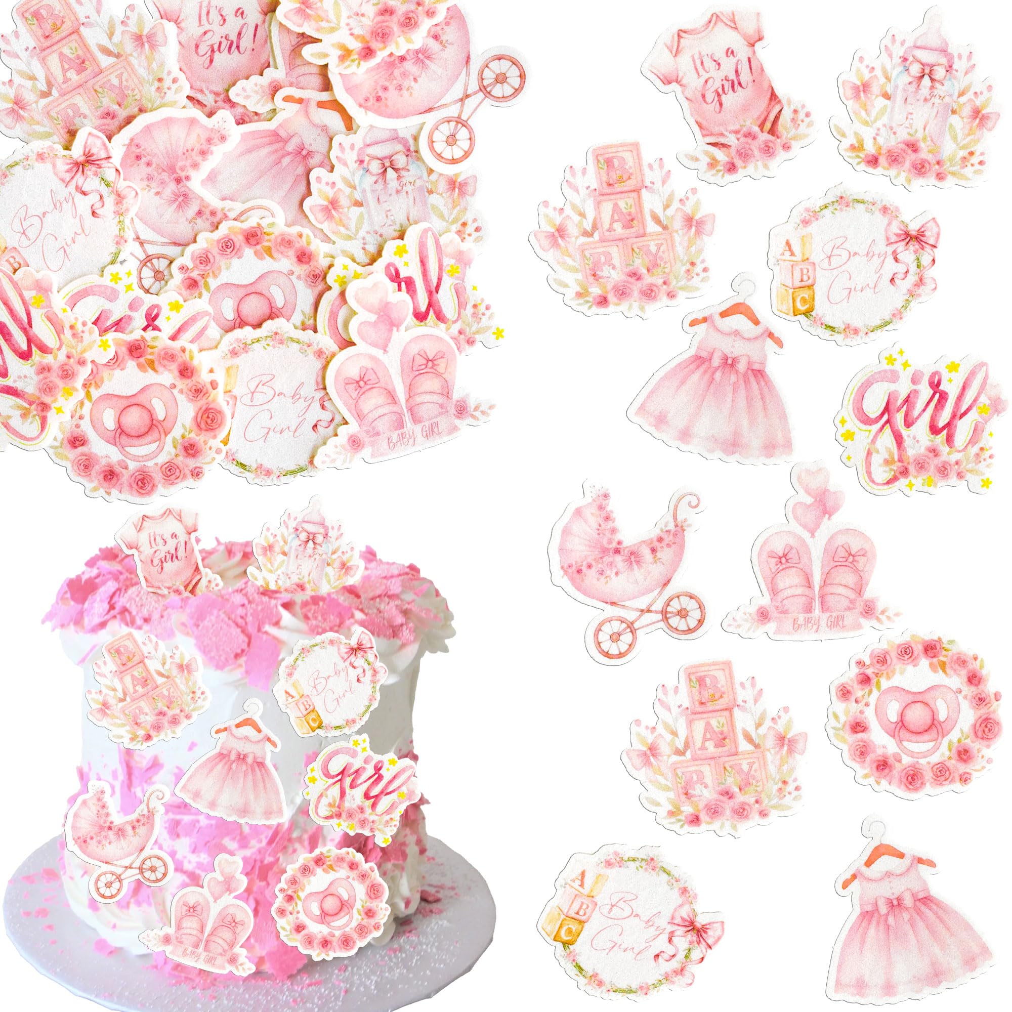 Ephlyn 54Pcs Edible Baby Shower Cupcake Toppers Bottle Carriage Oh Baby Girl Cupcake Picks Edible It's a Girl Cupcake Decorations for Gender Reveal Baby Shower Birthday Party Supplies Dark Pink