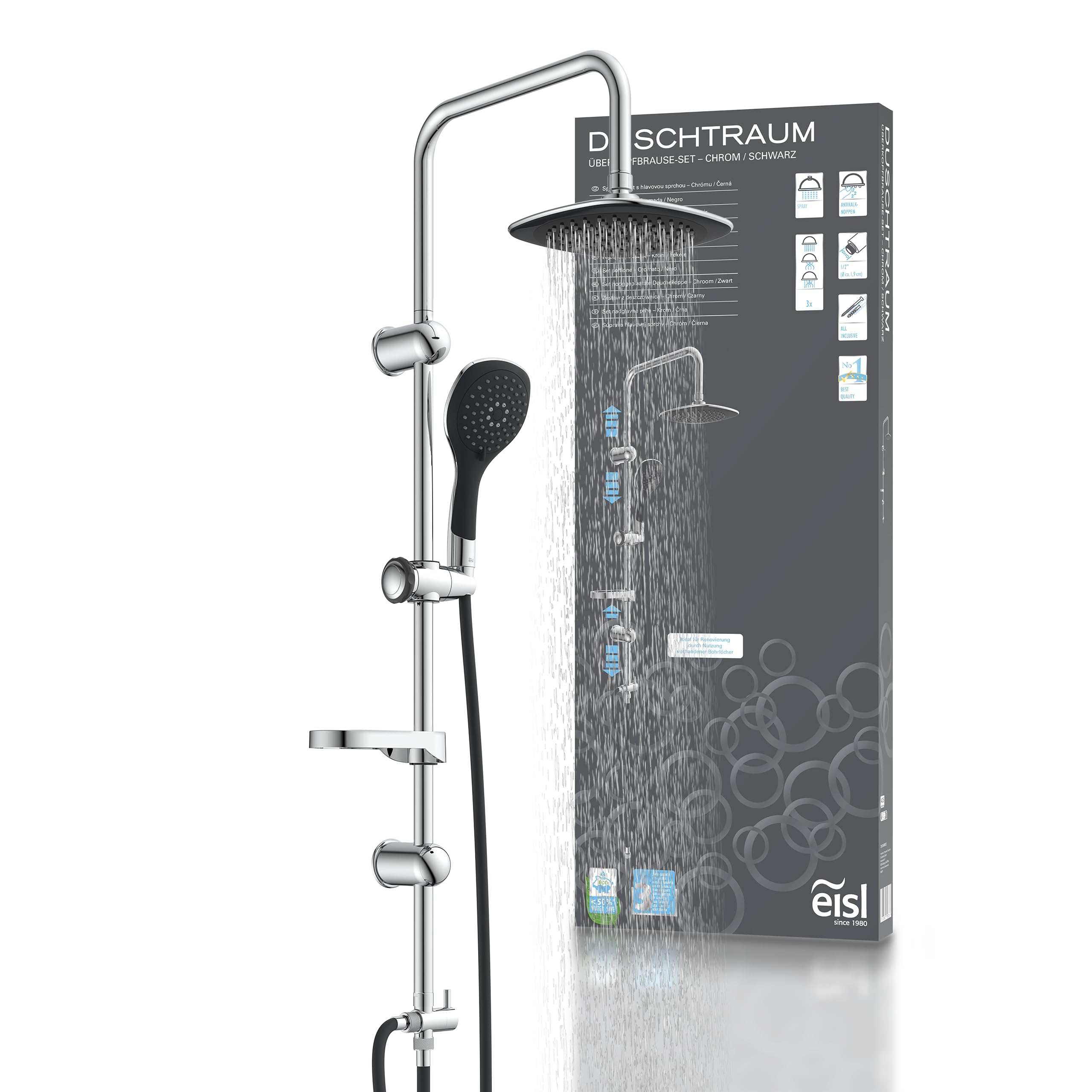 EISL Duschset DUSCHTRAUM Duschsäule mit Regendusche 200 x 200 mm und Handbrause, Regendusche mit Wandhalterung, DXLD60088CS, Chrom/Schwarz