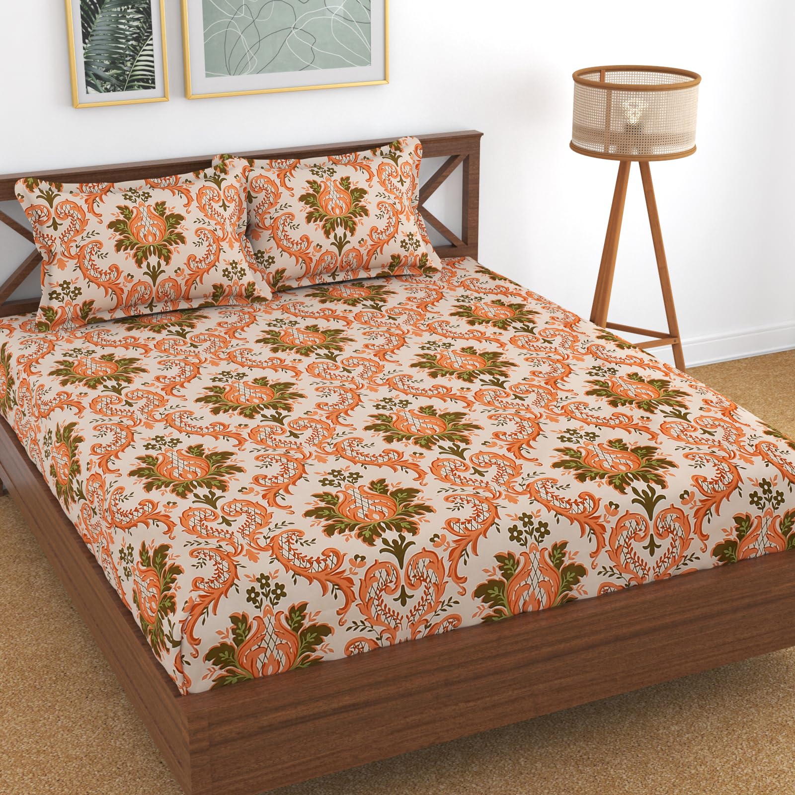 Dahlia Elastic Fitted Glace Cotton California King Size (84x72x Upto 8 Inches) Bedsheet with 2 Pillow Covers-200TC (Matka, Brown Color)-image-3