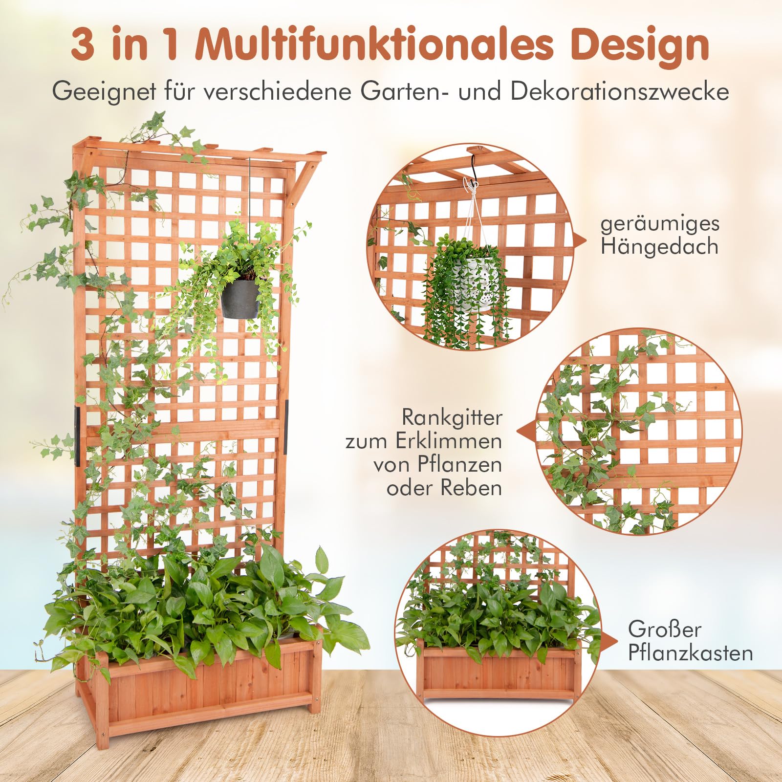 GOPLUS Blumenkasten mit Rankgitter, Pflanzkasten Holz mit Dach & Sichtschutz, Hochbeet mit Spalier für Kletterpflanzen, Gartenbeet mit Drainagelöchern, Pflanzkübel für Balkon & Garten, 75x33x183 cm